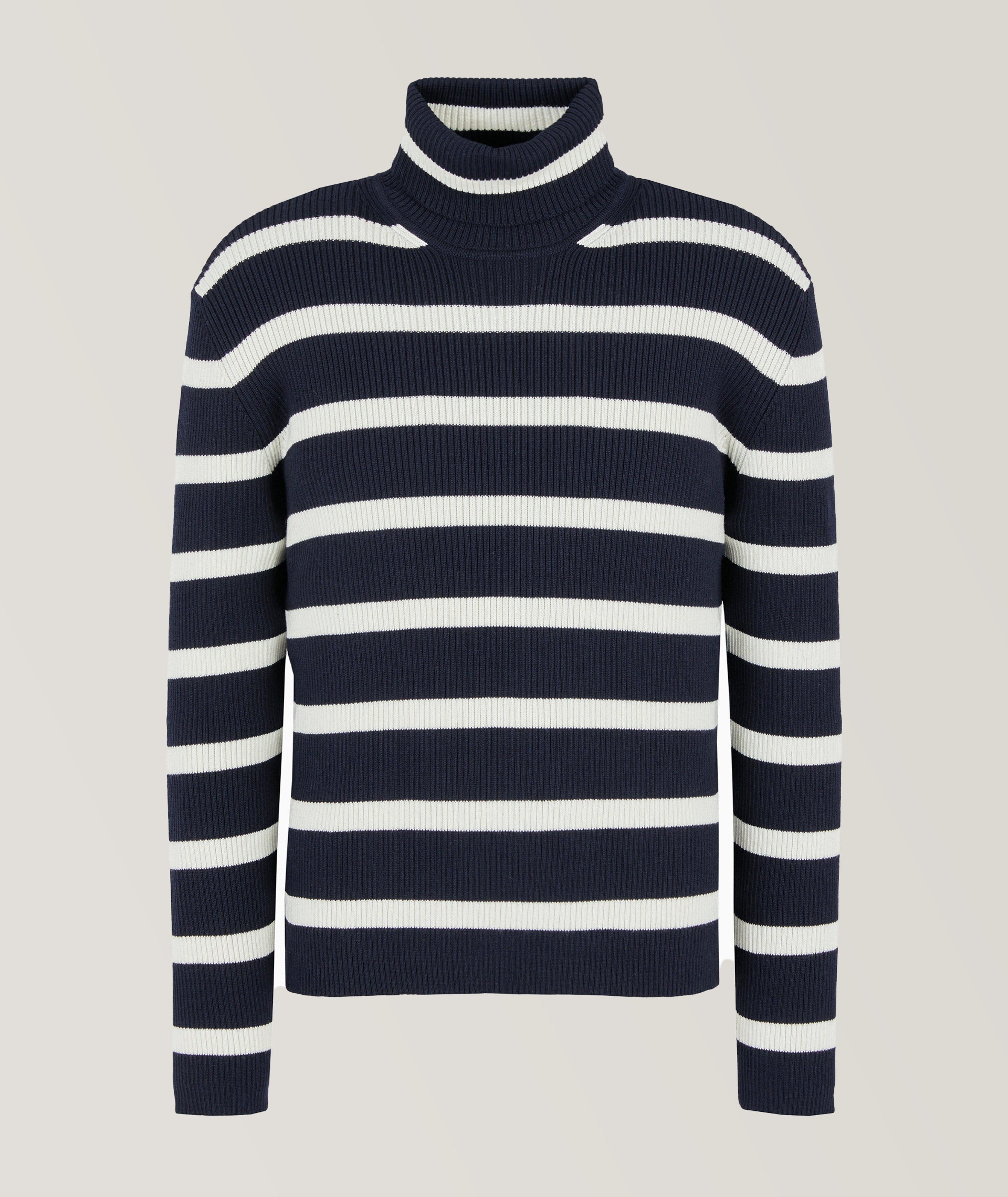 Emporio Armani Pull En Laine Et En Coton À Col Roulé Et À Rayures En Bleu , Taille Homme TG