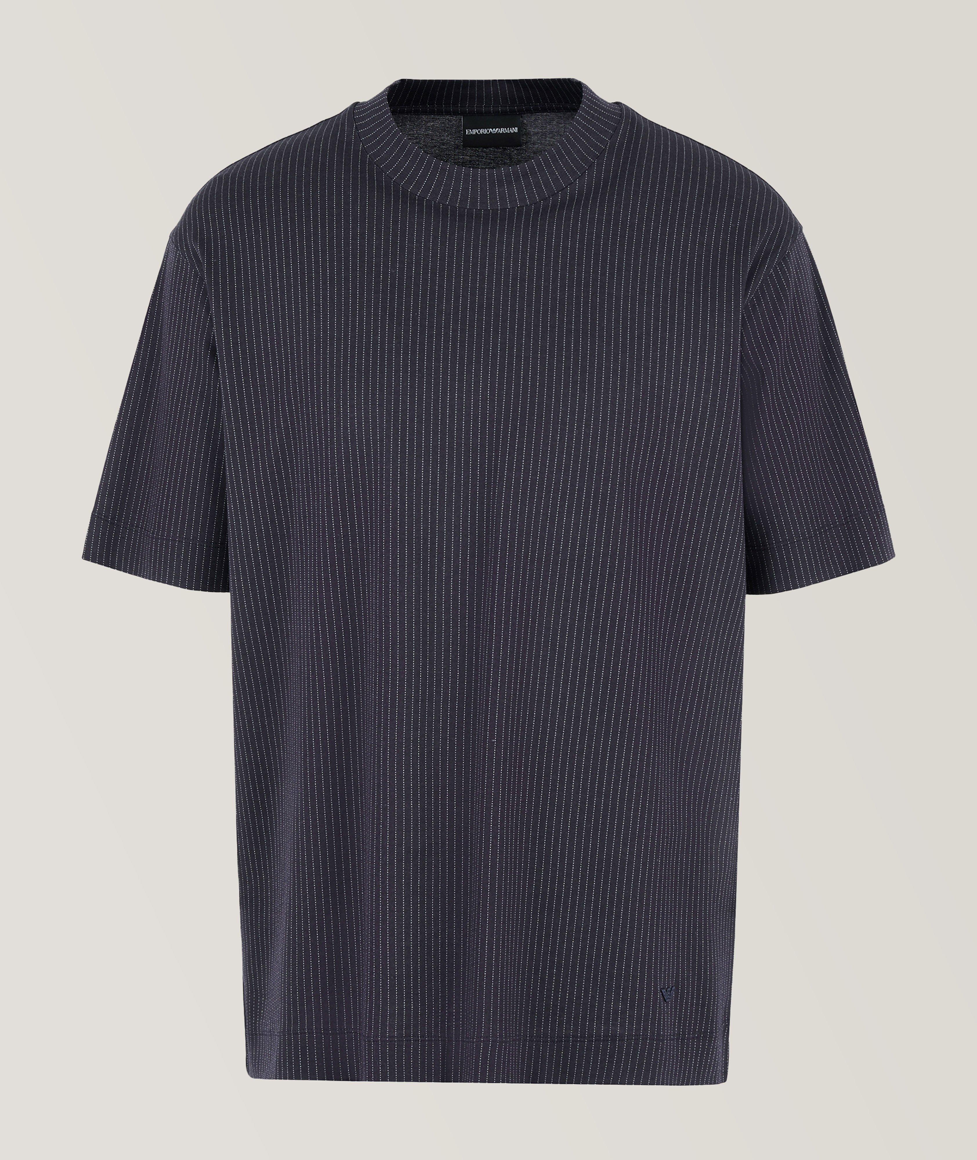 Emporio Armani T-Shirt En Lyocell Et En Coton À Fines Rayures En Bleu , Taille Homme Moyen