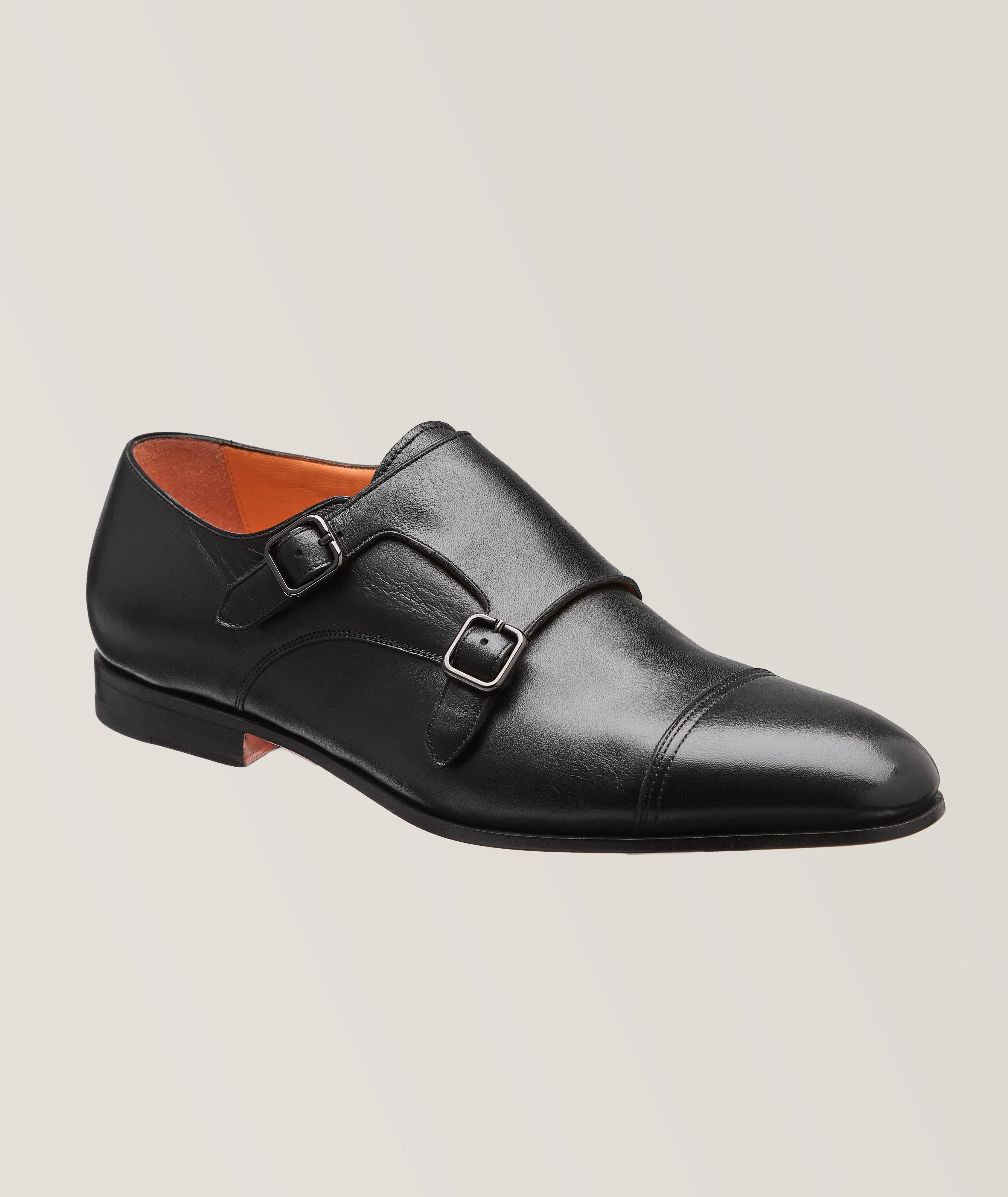 Santoni Burnished Leather Double Monkstraps In Black , Men's Size 10