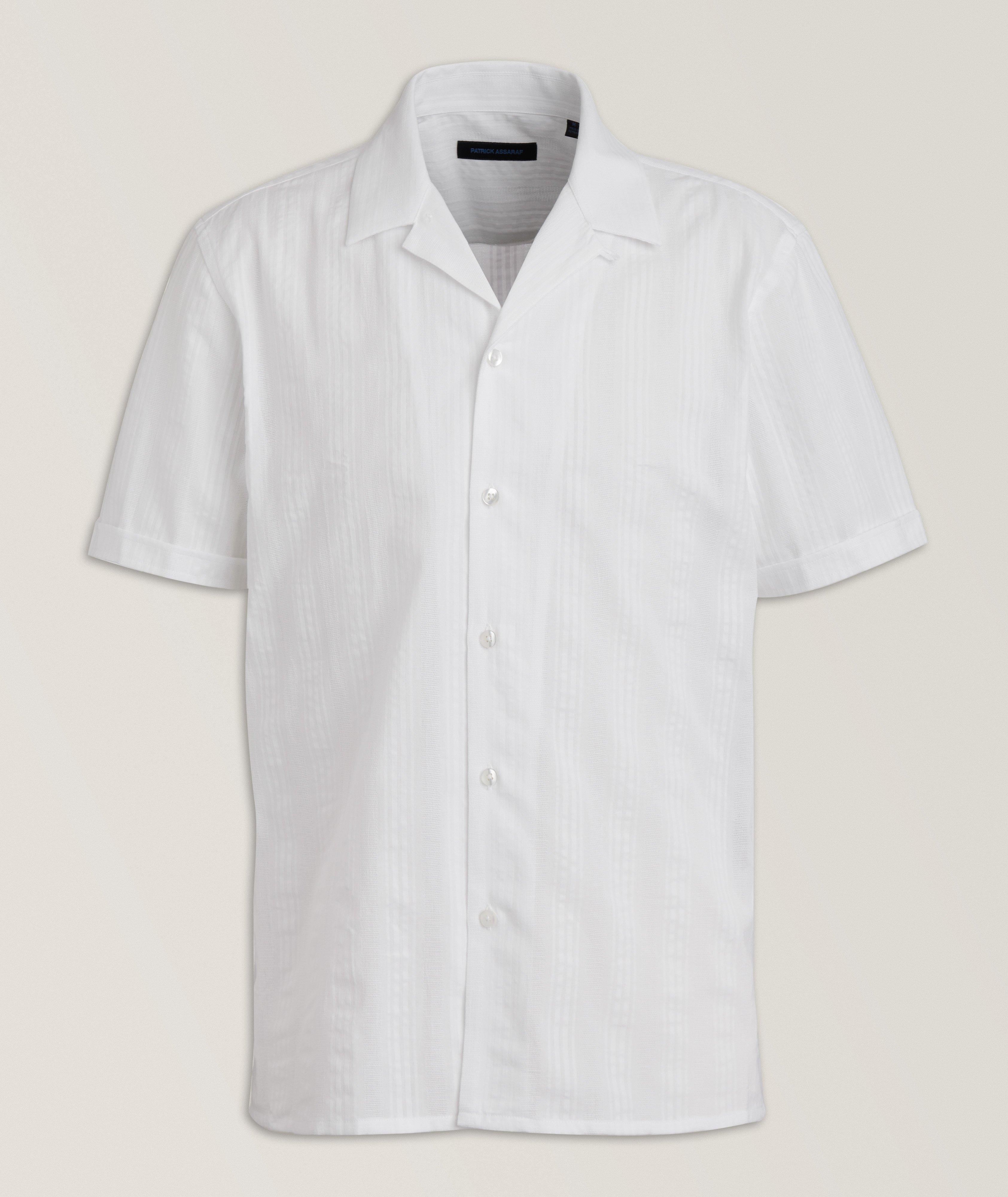 Patrick Assaraf Cotton Textured Stripe Camp Shirt