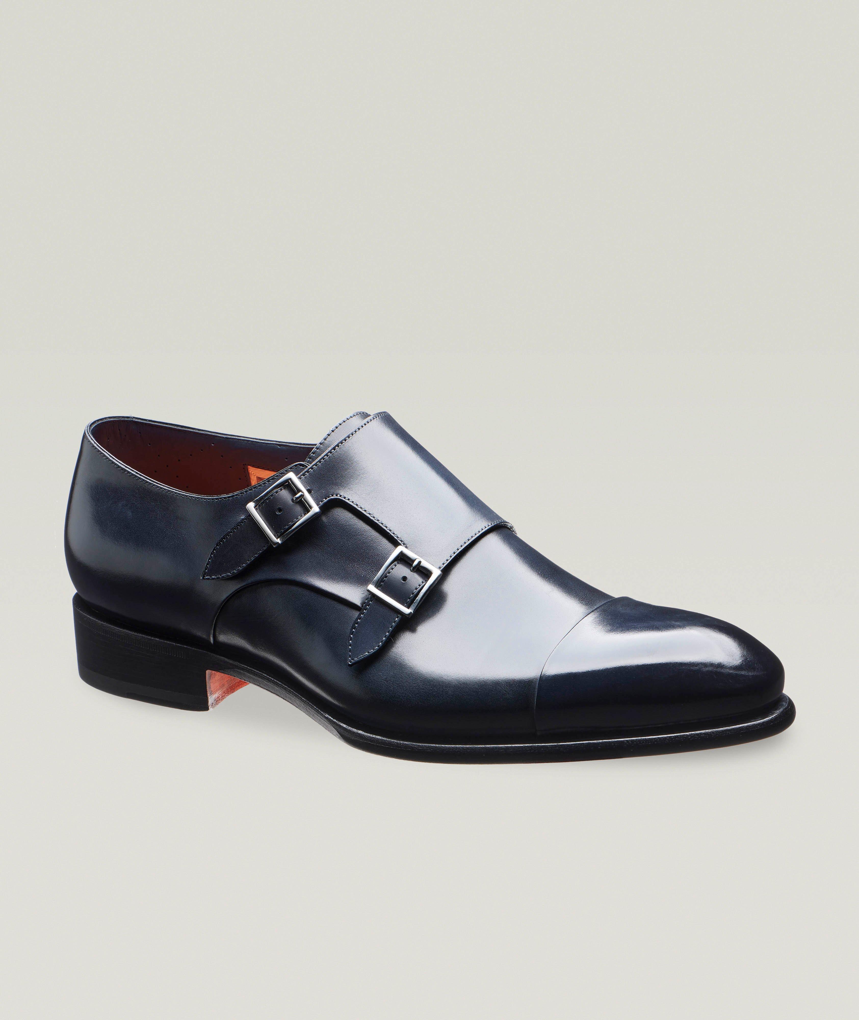 Santoni Carter Burnished Leather Monkstraps 