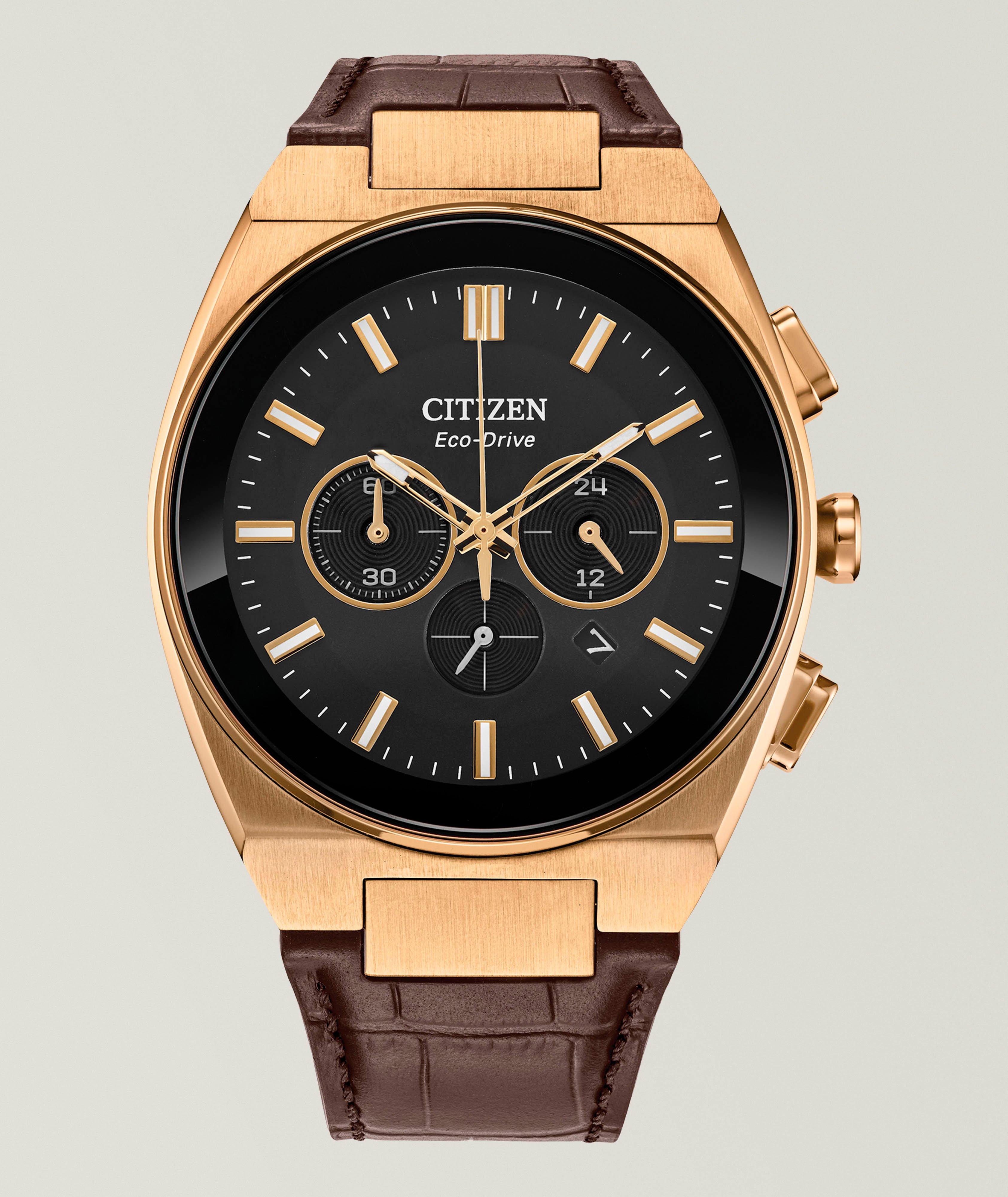 Axiom Eco Drive Stainless Steel & Leather Strap Watch