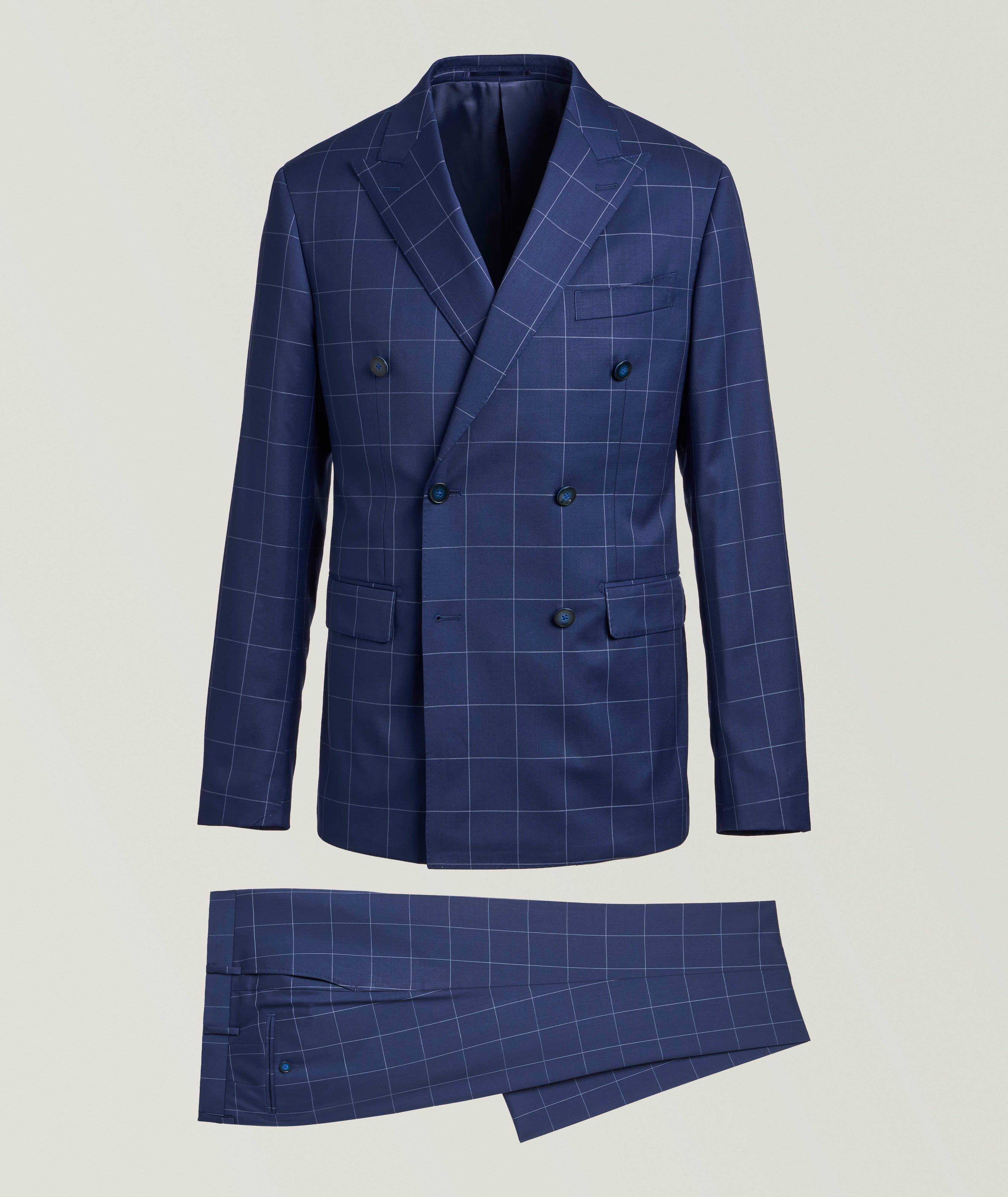 Slim-Fit Double-Breasted Windowpane Wool Suit