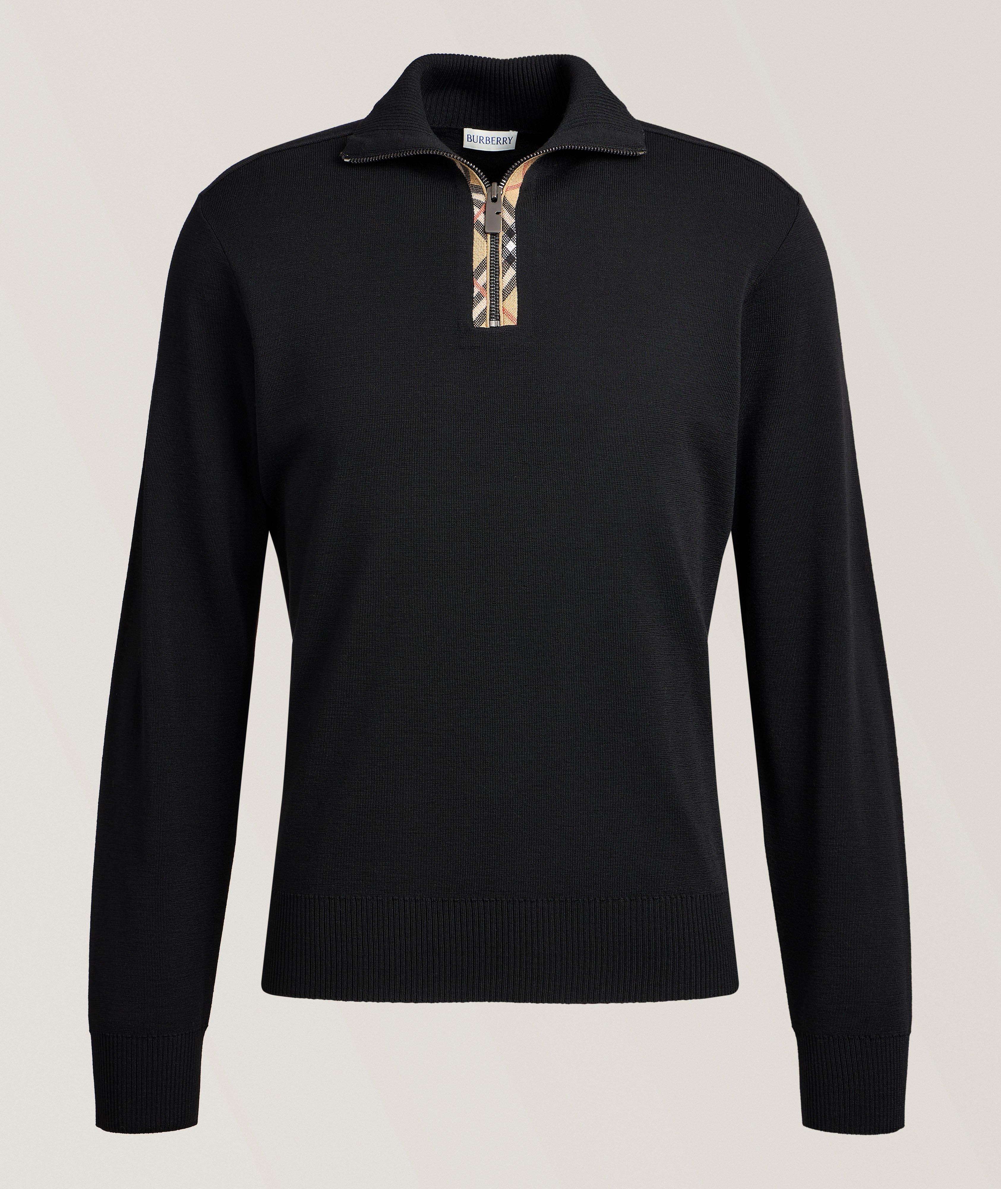 Checked Trim Wool Quarter-Zip Sweater