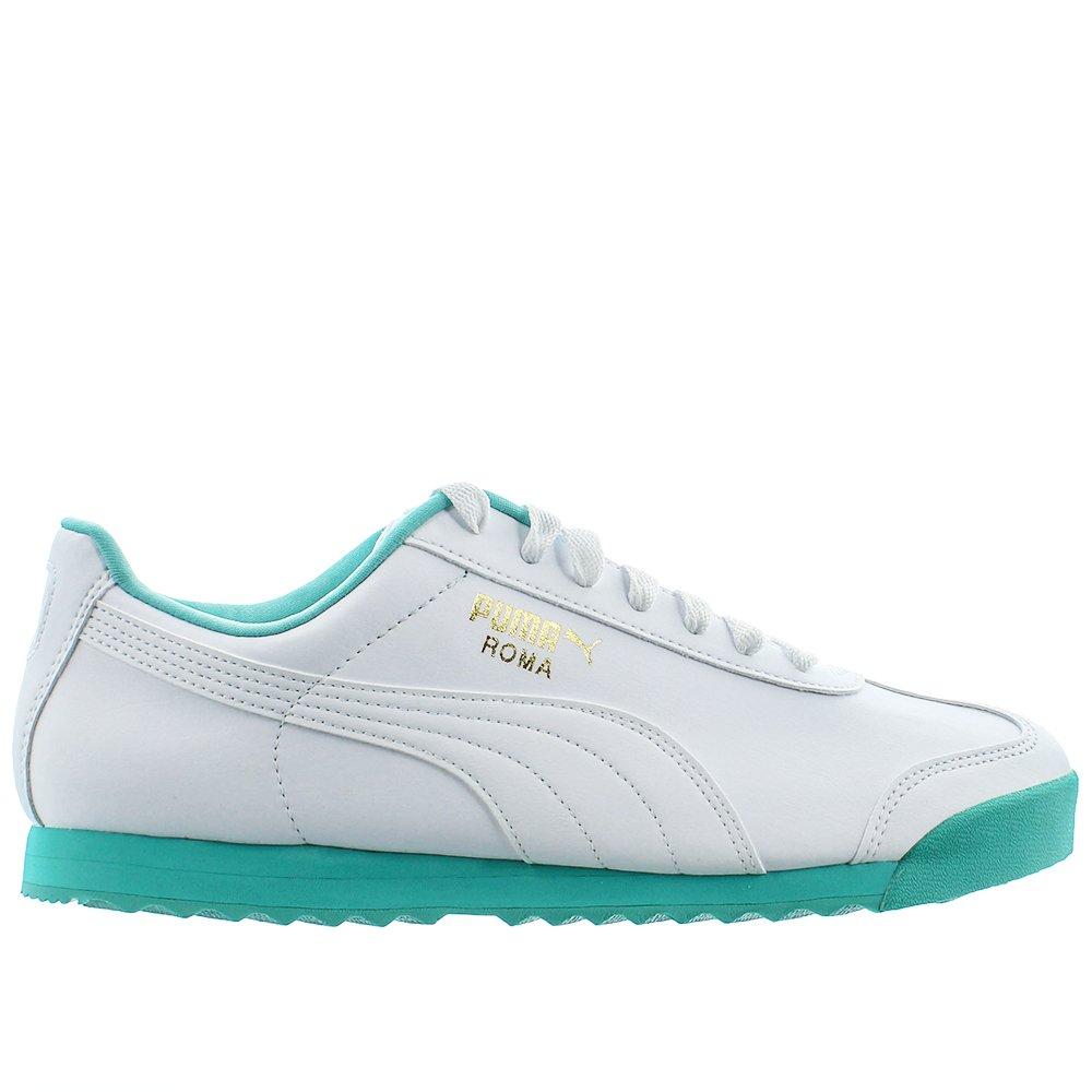 white and blue puma shoes