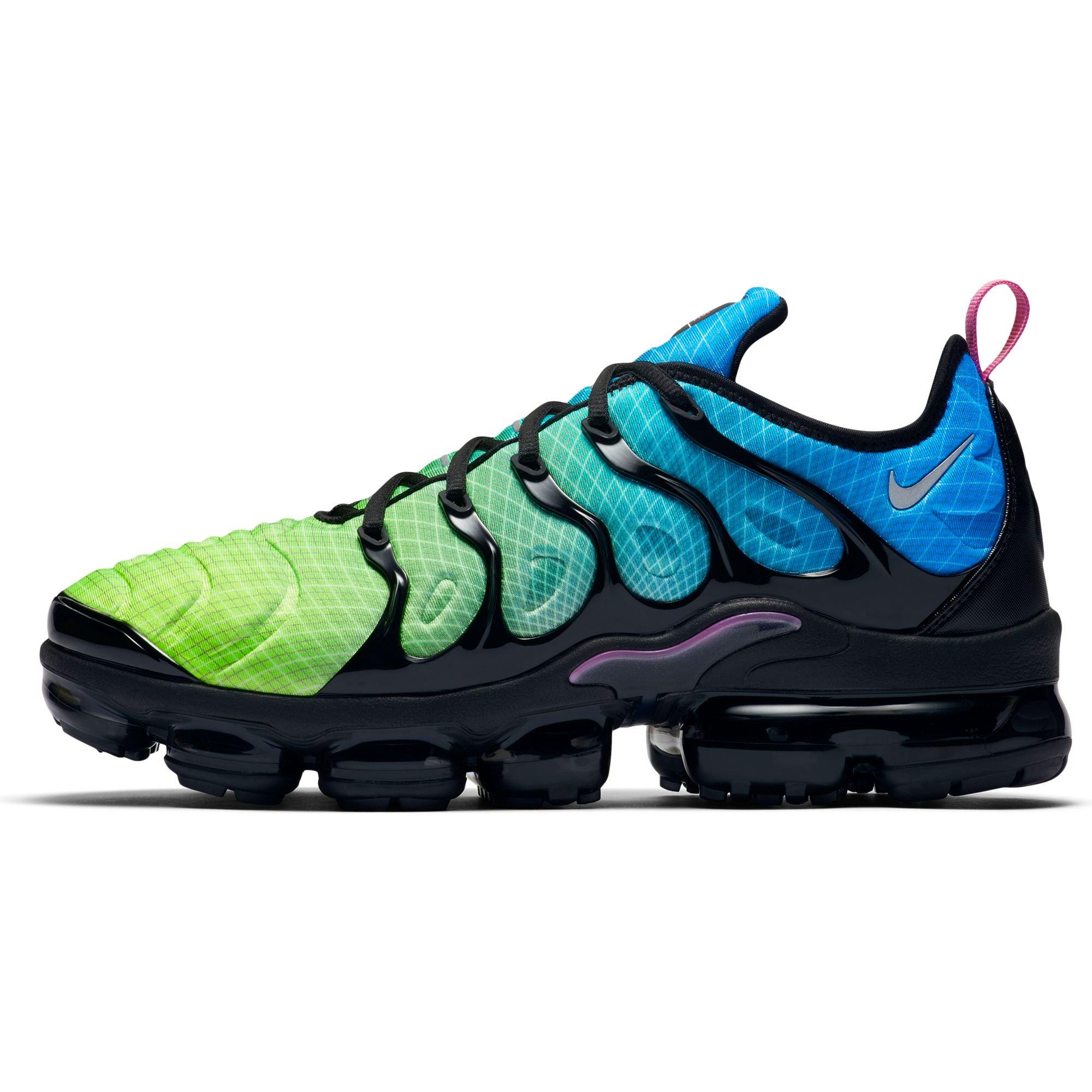 lime green and blue vapormax plus