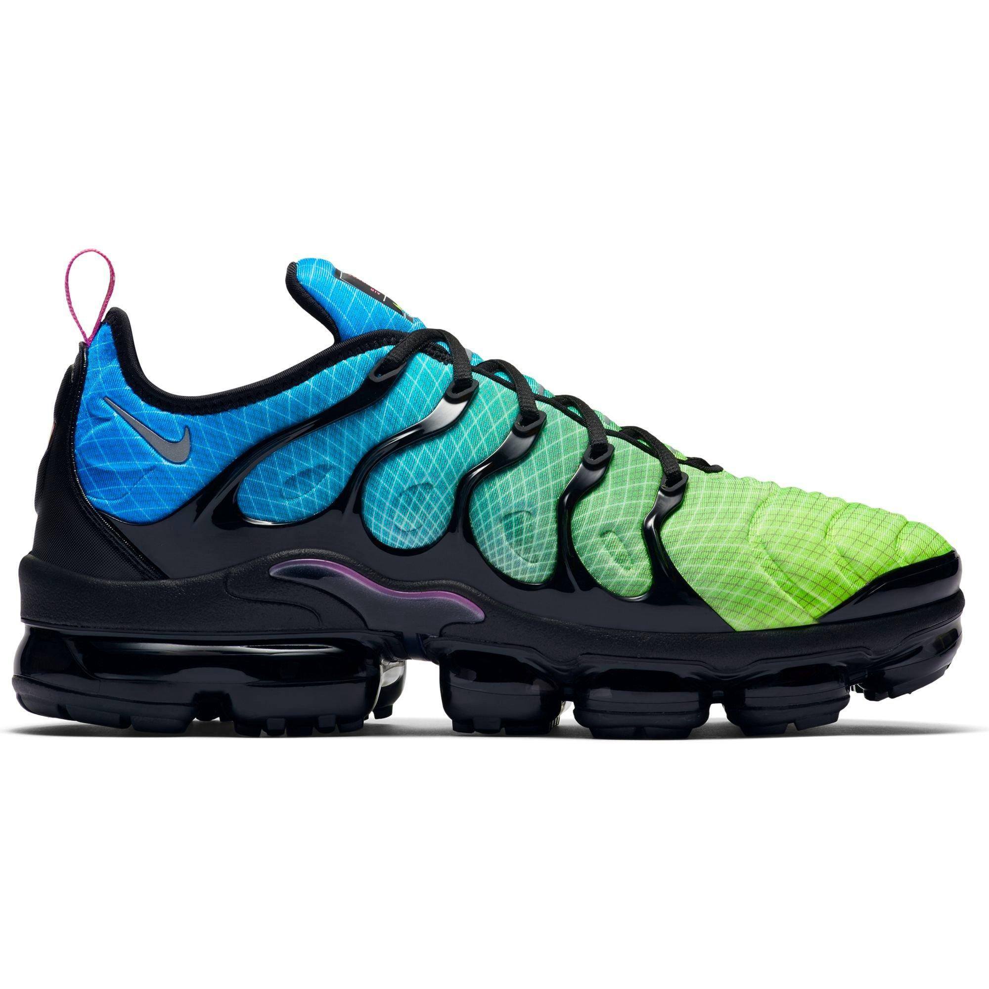 lime green and blue vapormax plus