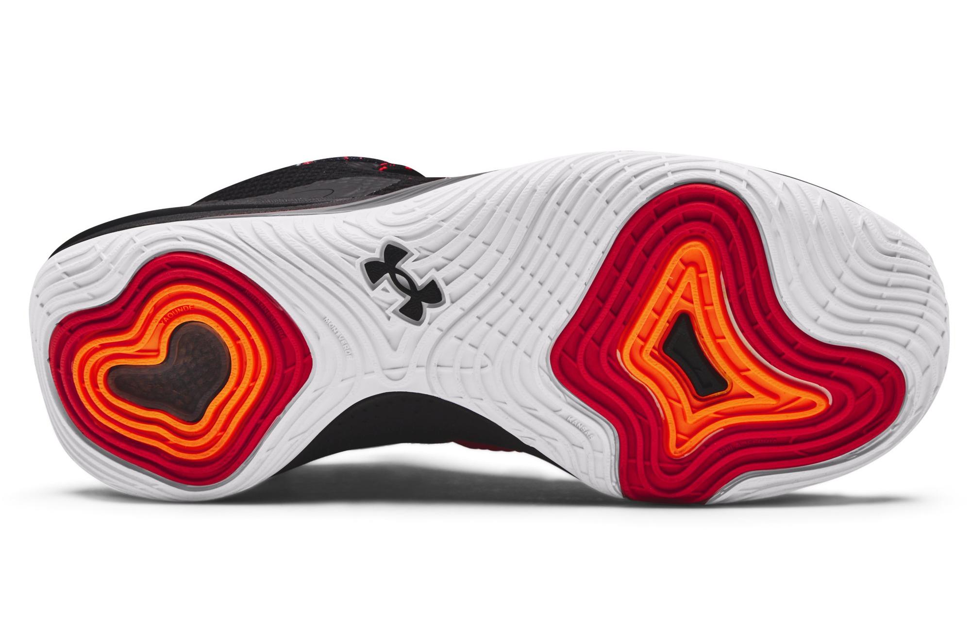 Outsole traction patter of the UA Embiid One men's "Chinese New Year" basketball should, dropping at Hibbett | City Gear January 8.