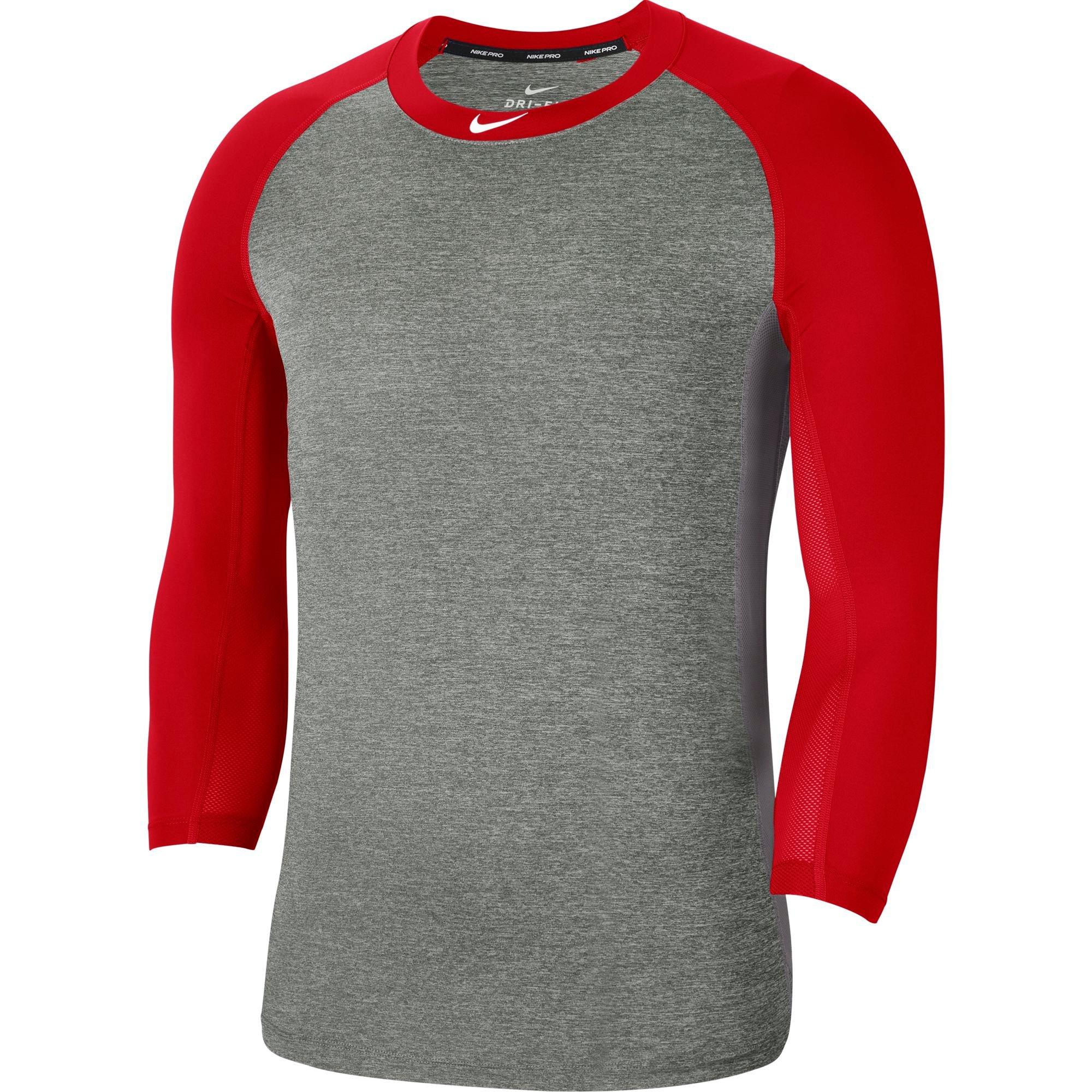 red and grey baseball tee