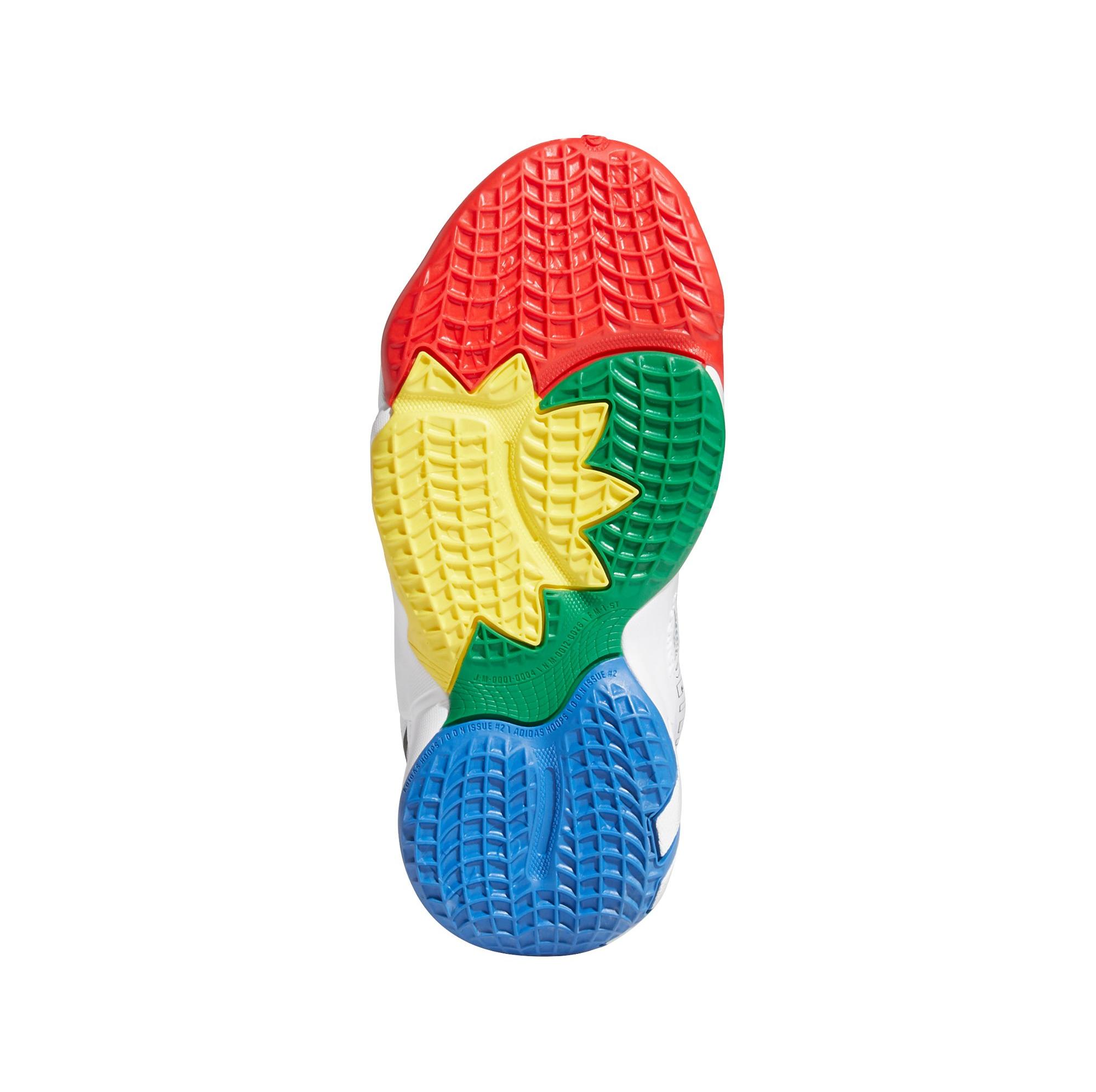 Multicolored outsole of the white/red/blue adidas DON Issue 2 kids' basketball shoe.