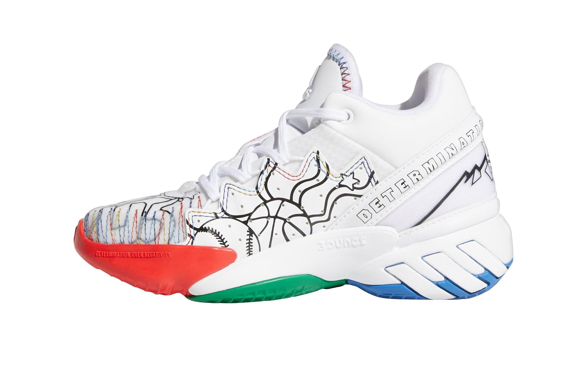 Determination side of kids' adidas DON Issue 2 basketball shoe in white/red/blue