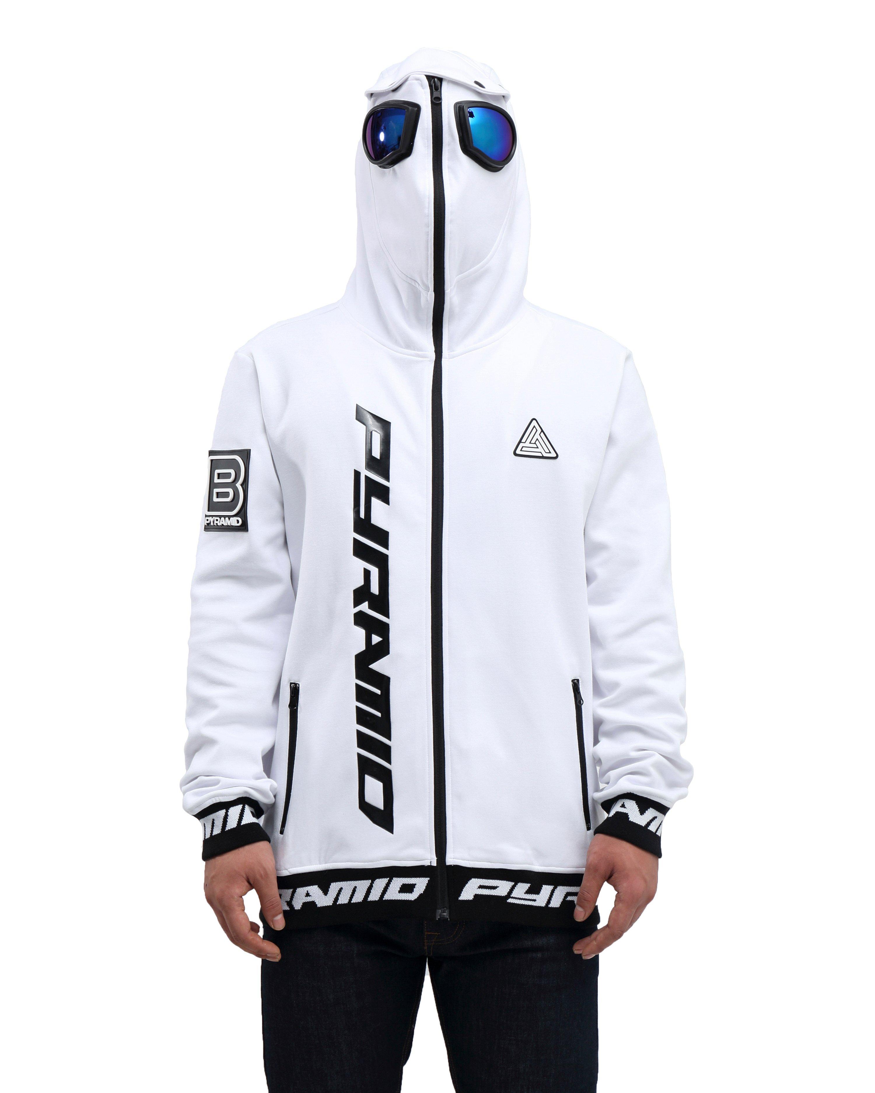 black pyramid hoodie with goggles