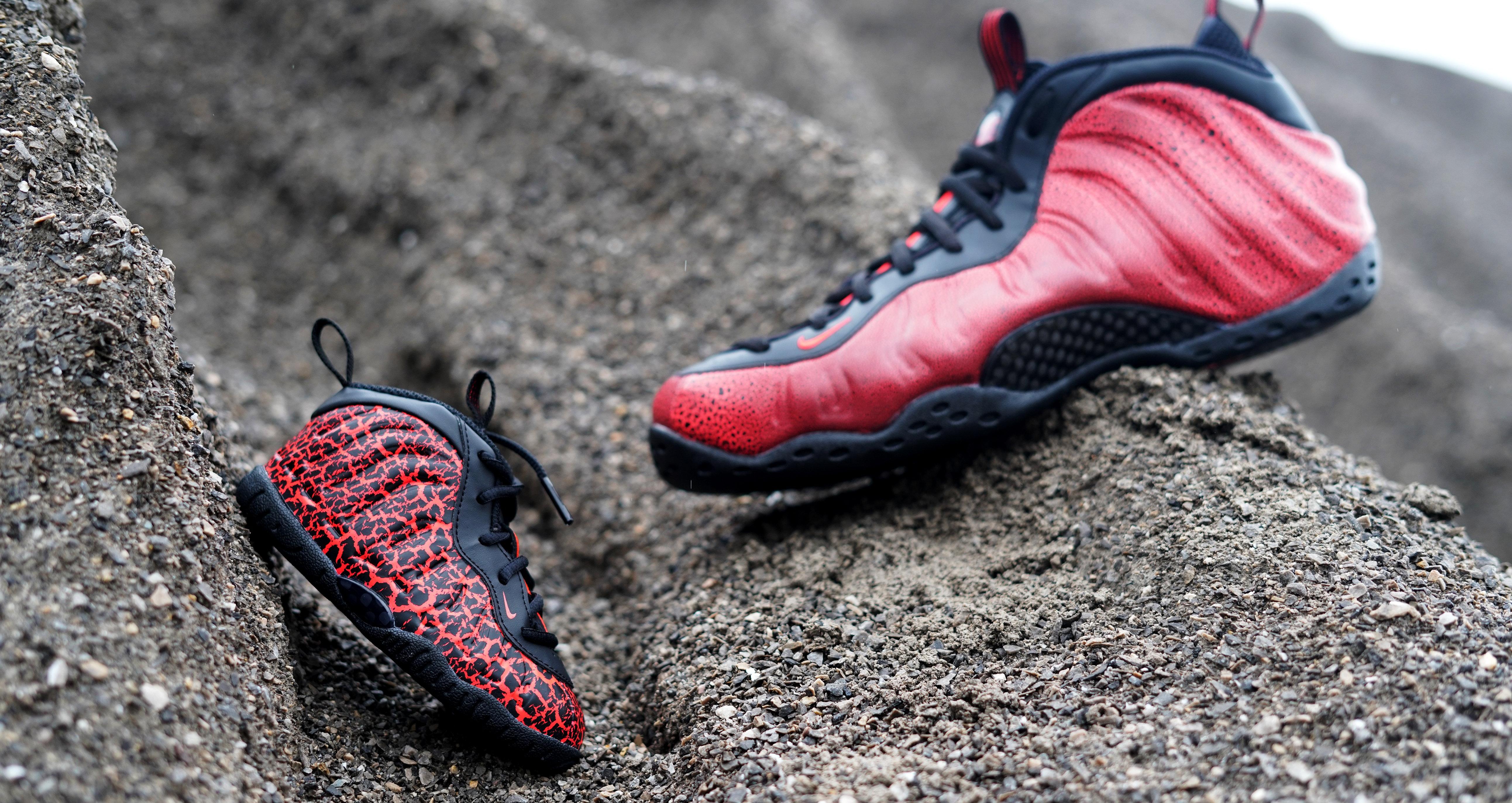 Sneakers – Nike Air Foamposite 1 and Little Posite One &#8220;Cracked Lava&#8221; Black/Bright Crimson