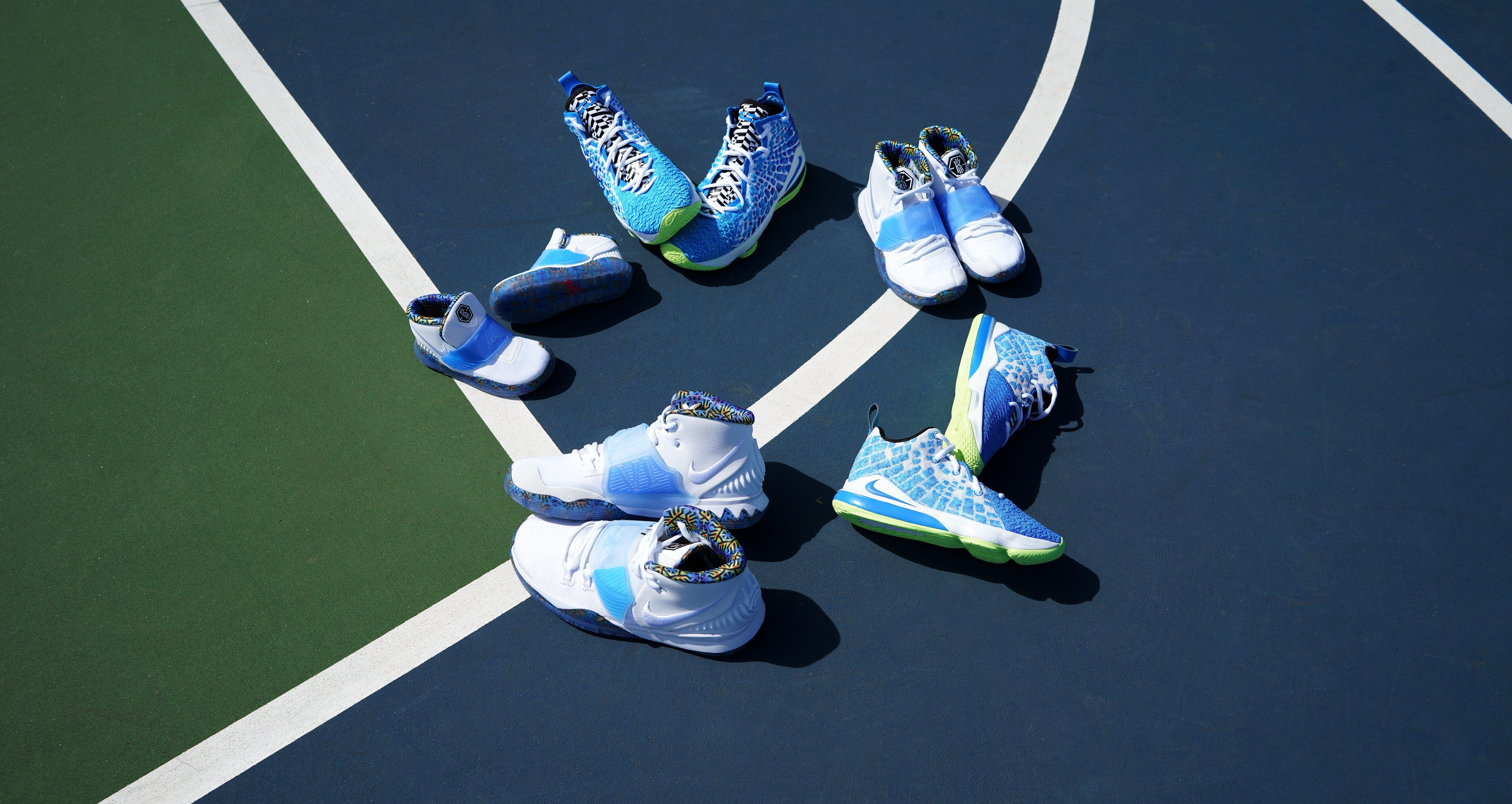 Nike LeBron 17 "Sprite" and Kyrie 6 "Kaleidoscope" in circle.