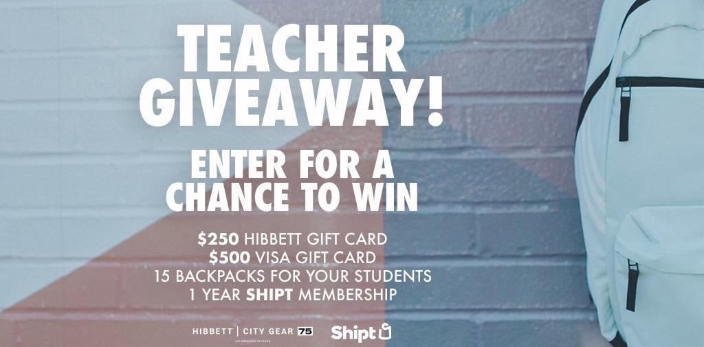 Tag A Teacher Giveaway! Enter for a chance to win a $250 Hibbett gift card, a $500 Visa gift card, 15 backpacks for students and a 1 year FREE Shipt membership. Contest sponsored by Hibbett | City Gear and Shipt.