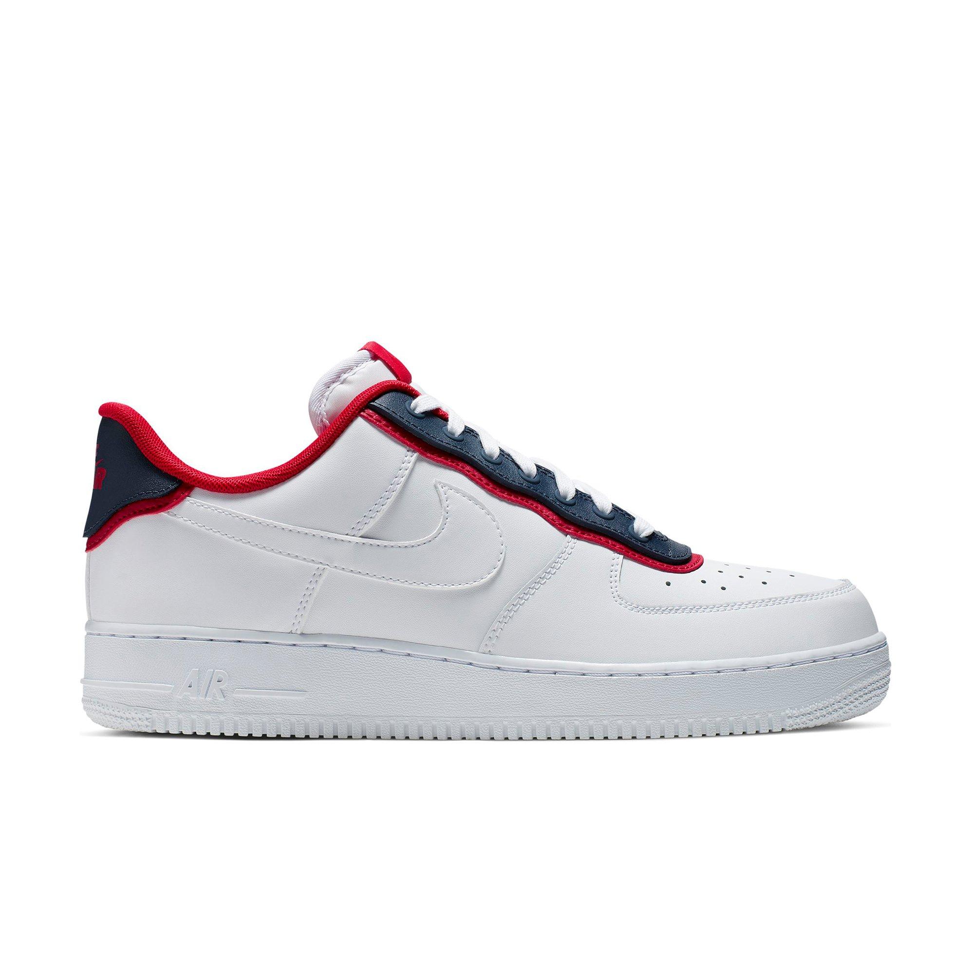 navy blue white and red air force ones
