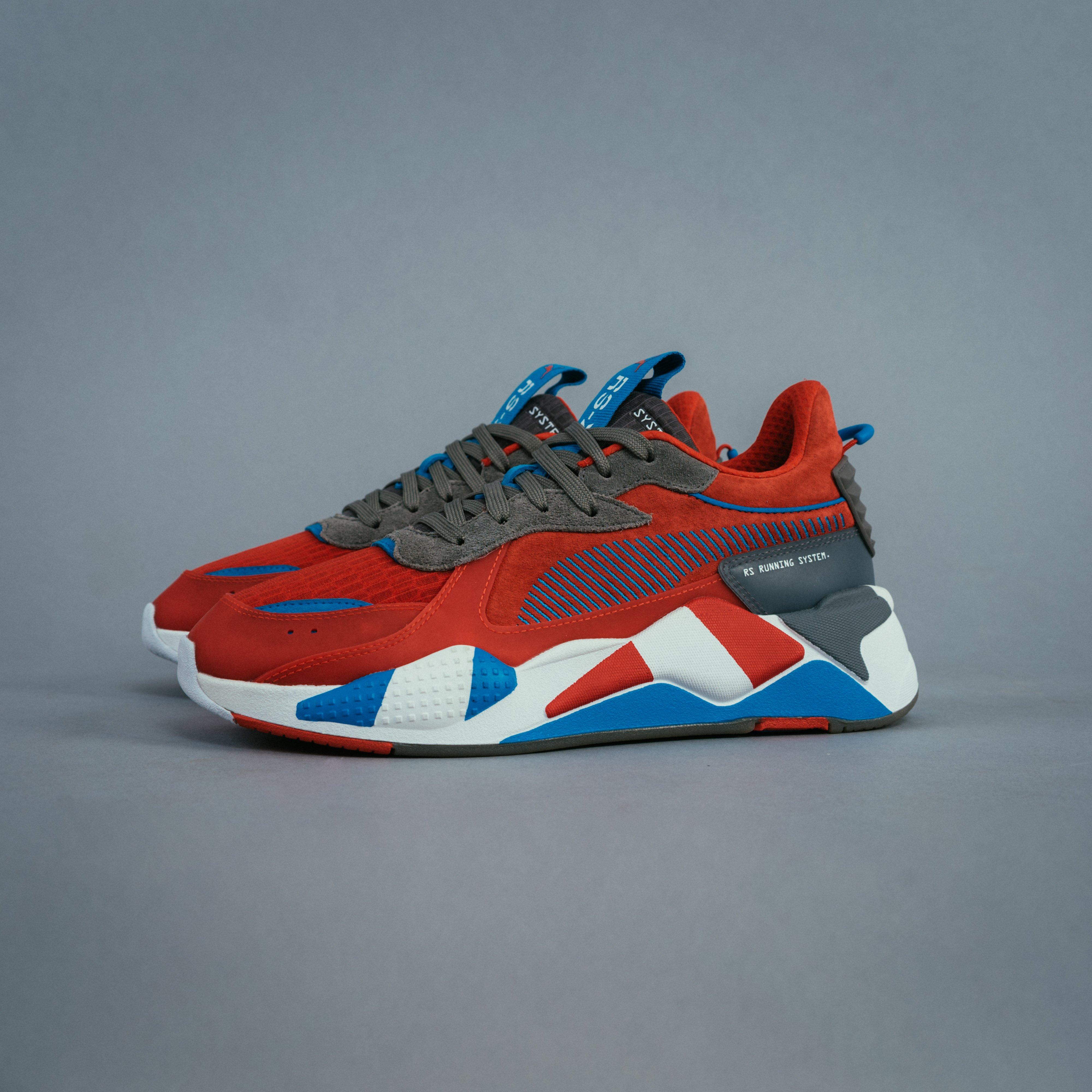 red and blue sneakers