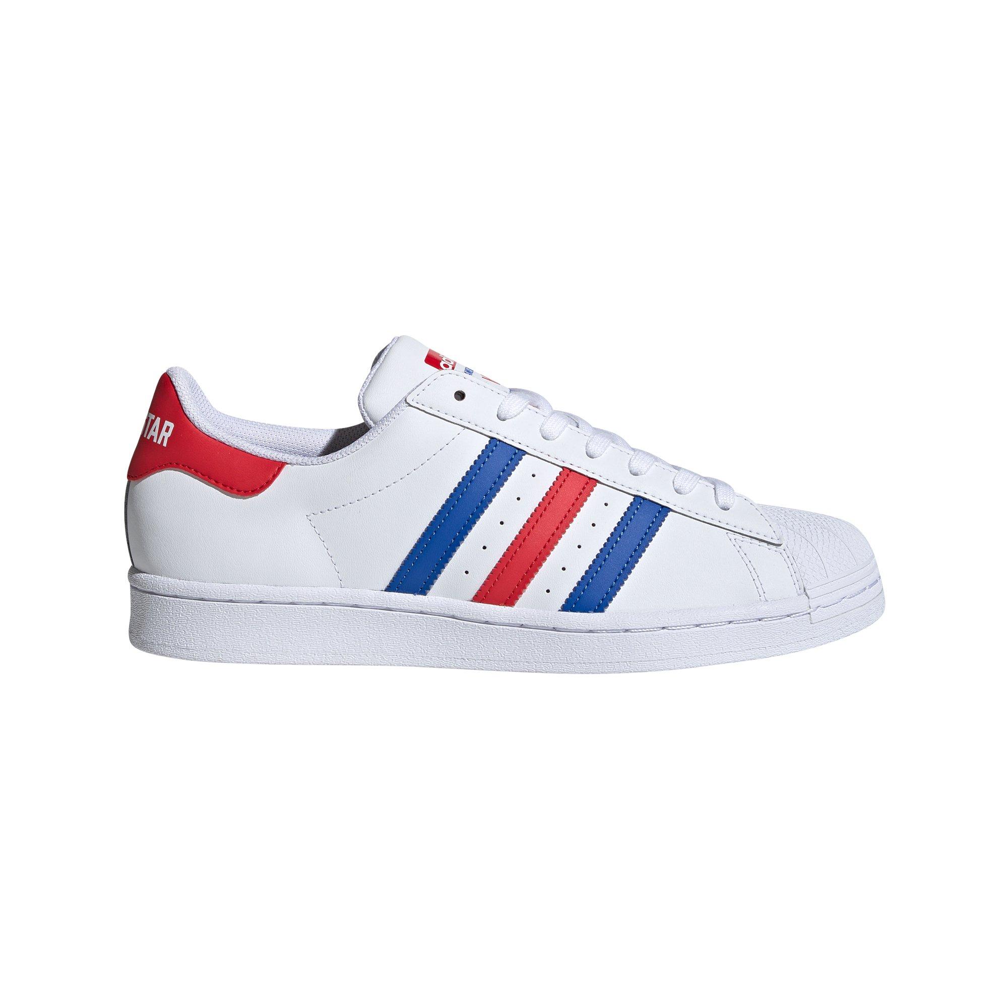 red white and blue adidas high tops