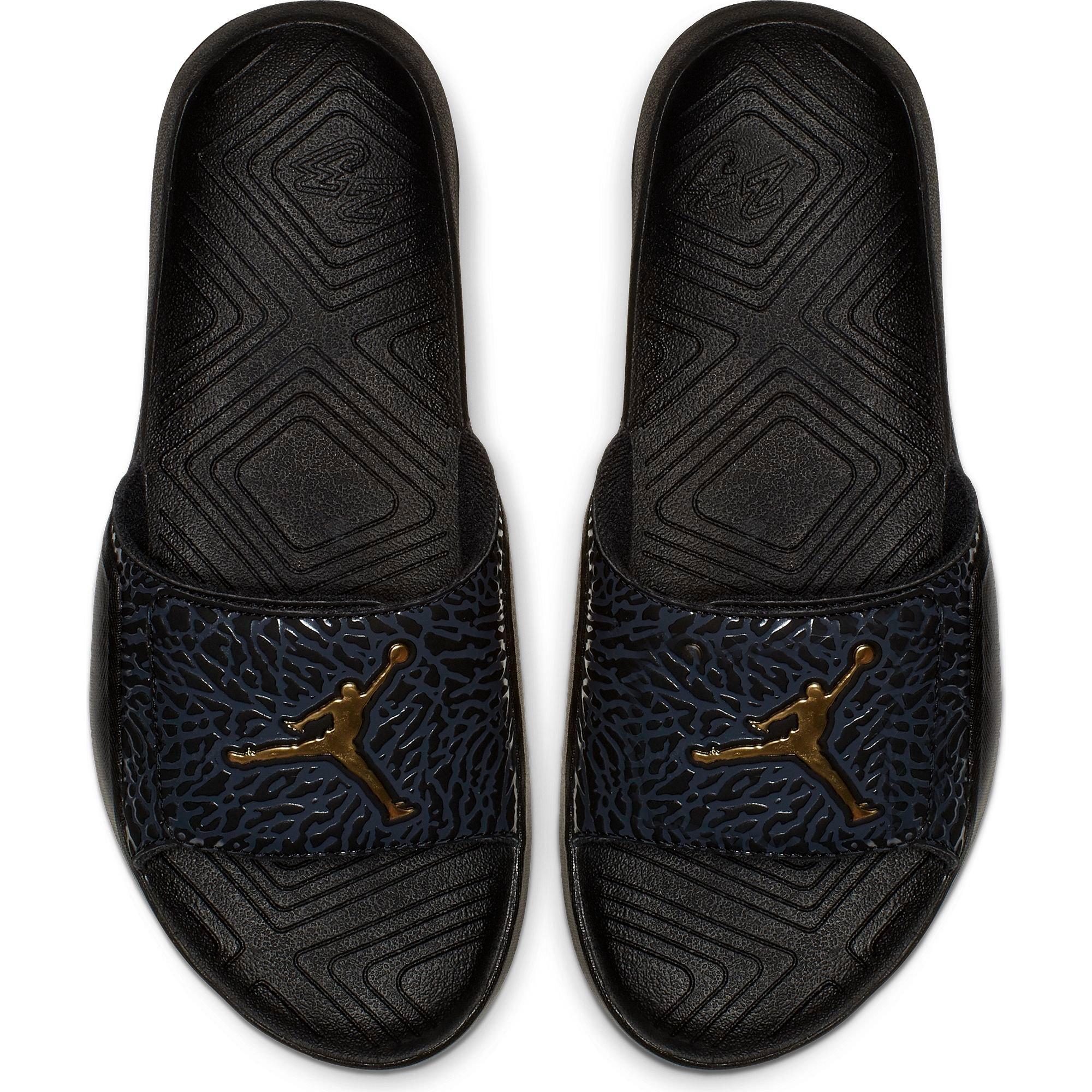 black and gold jordan slides