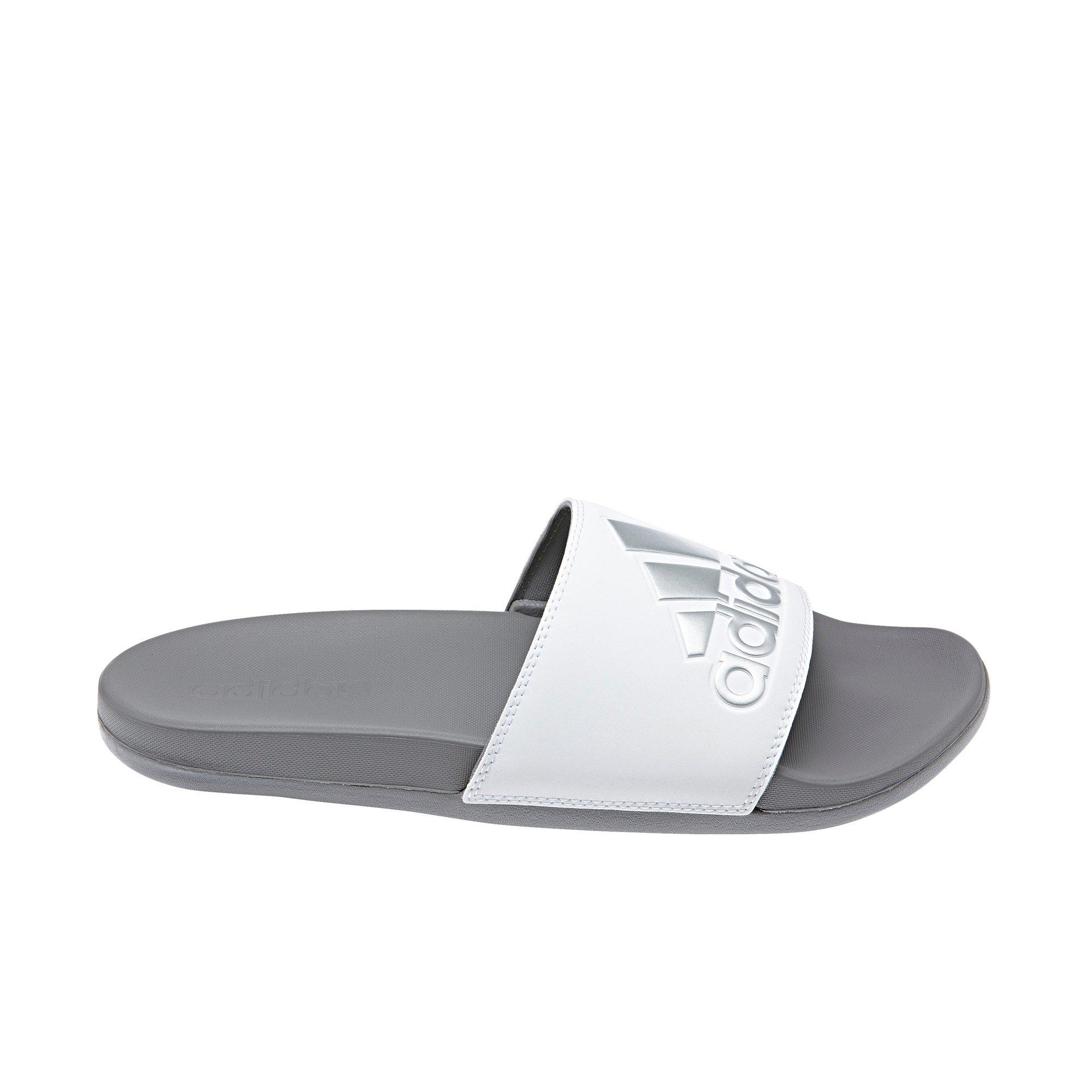 white and grey adidas slides