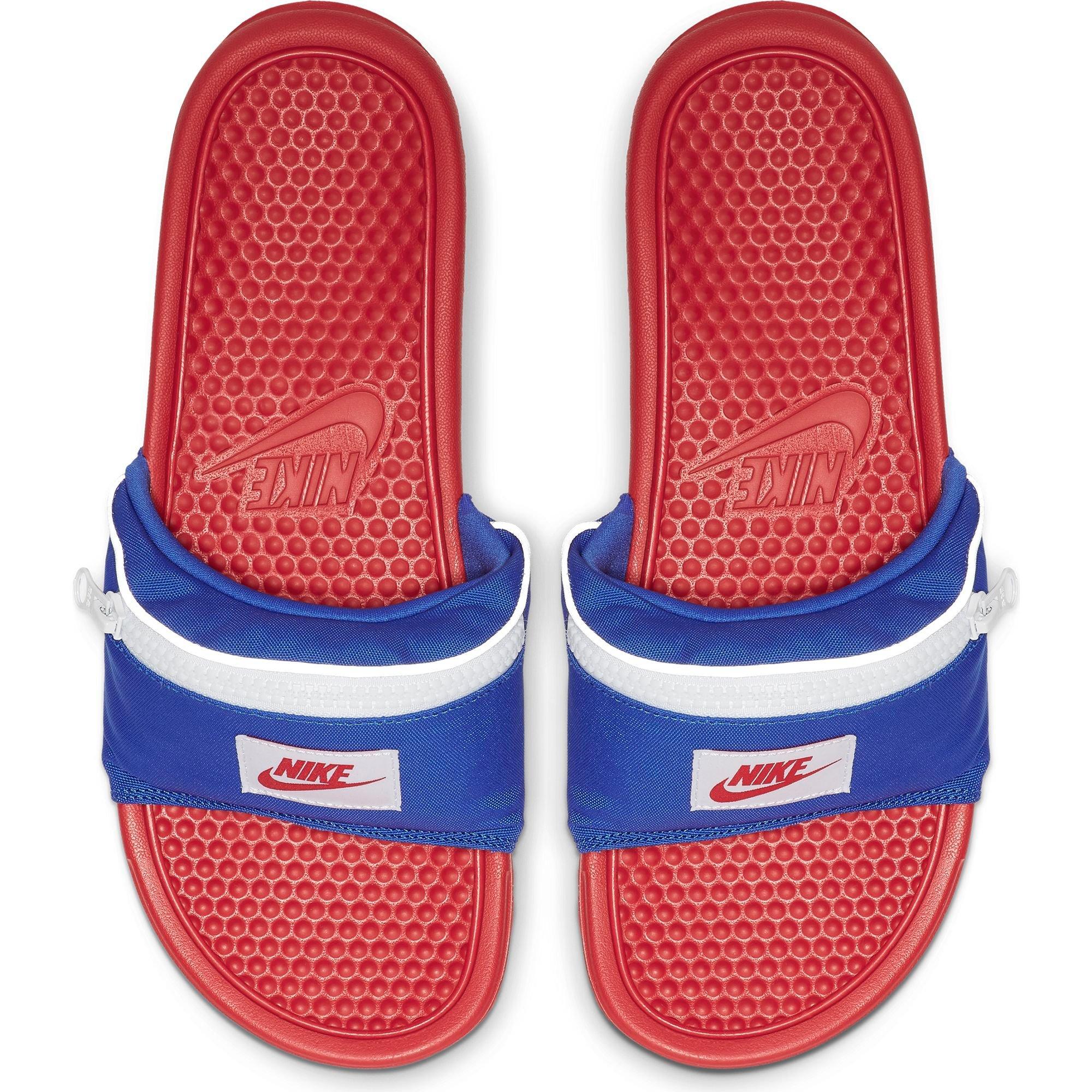 red and blue nike slides