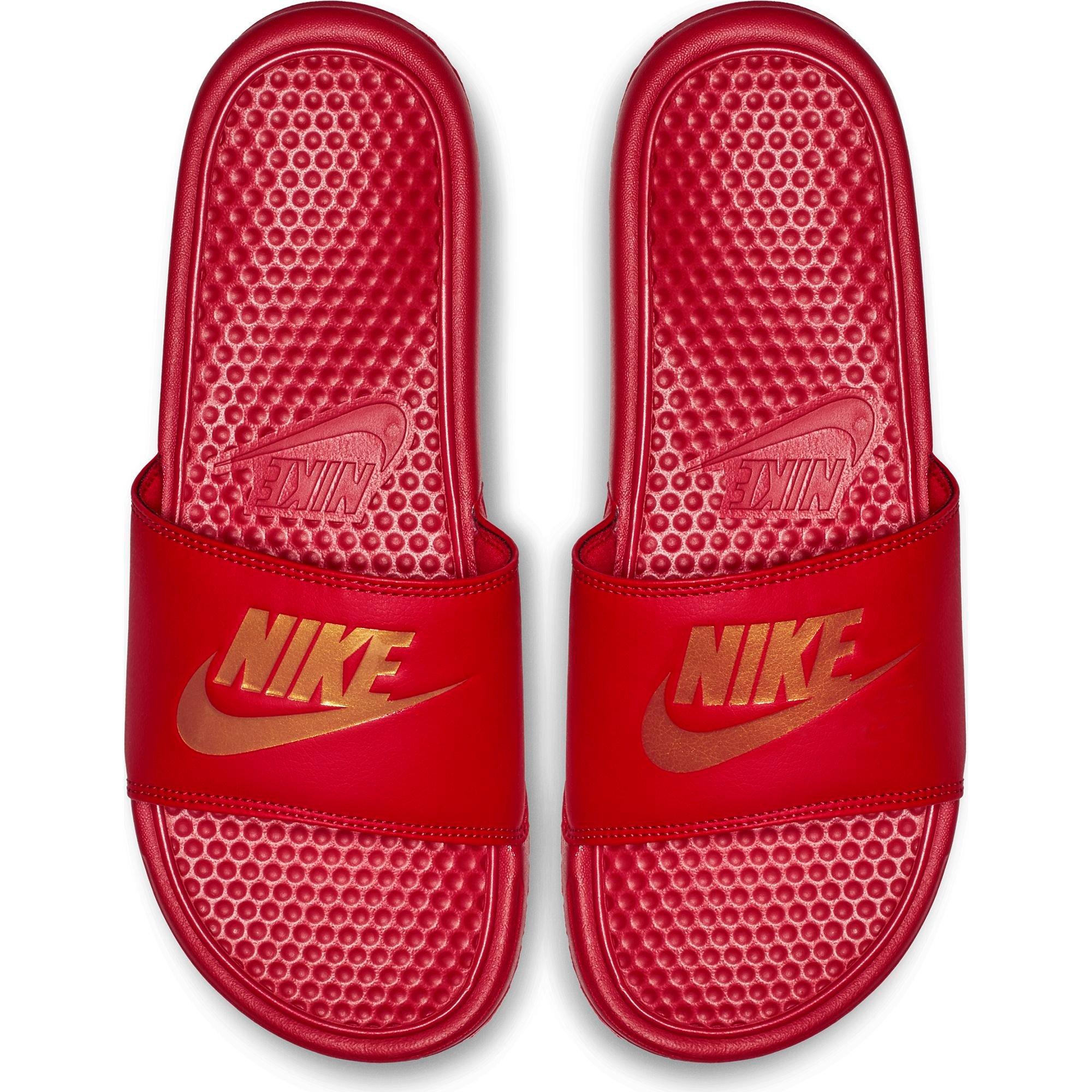 red nike sandals with gold check