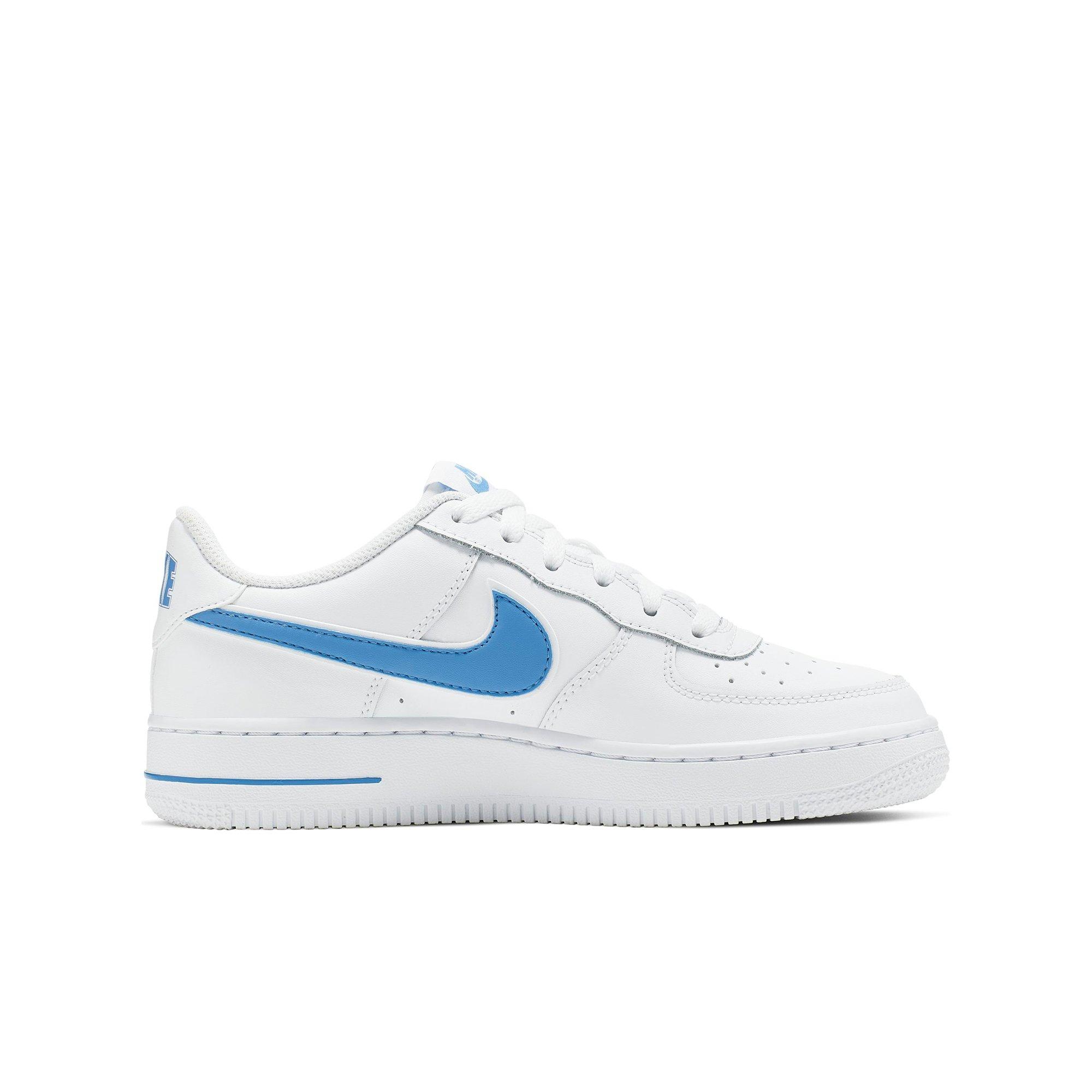 white air force ones with blue swoosh