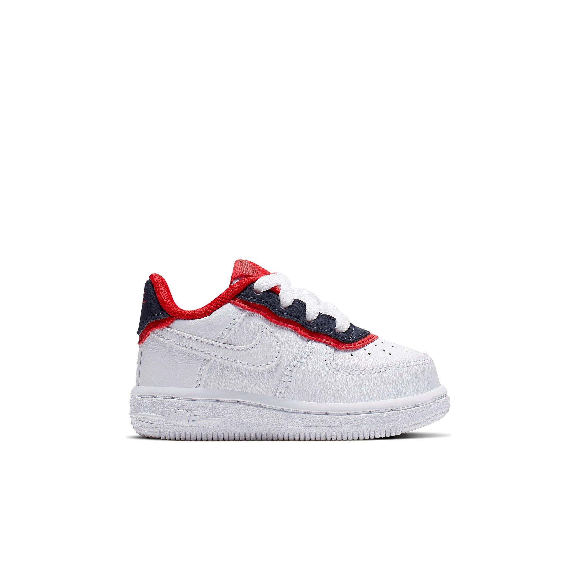 white air forces with red and blue