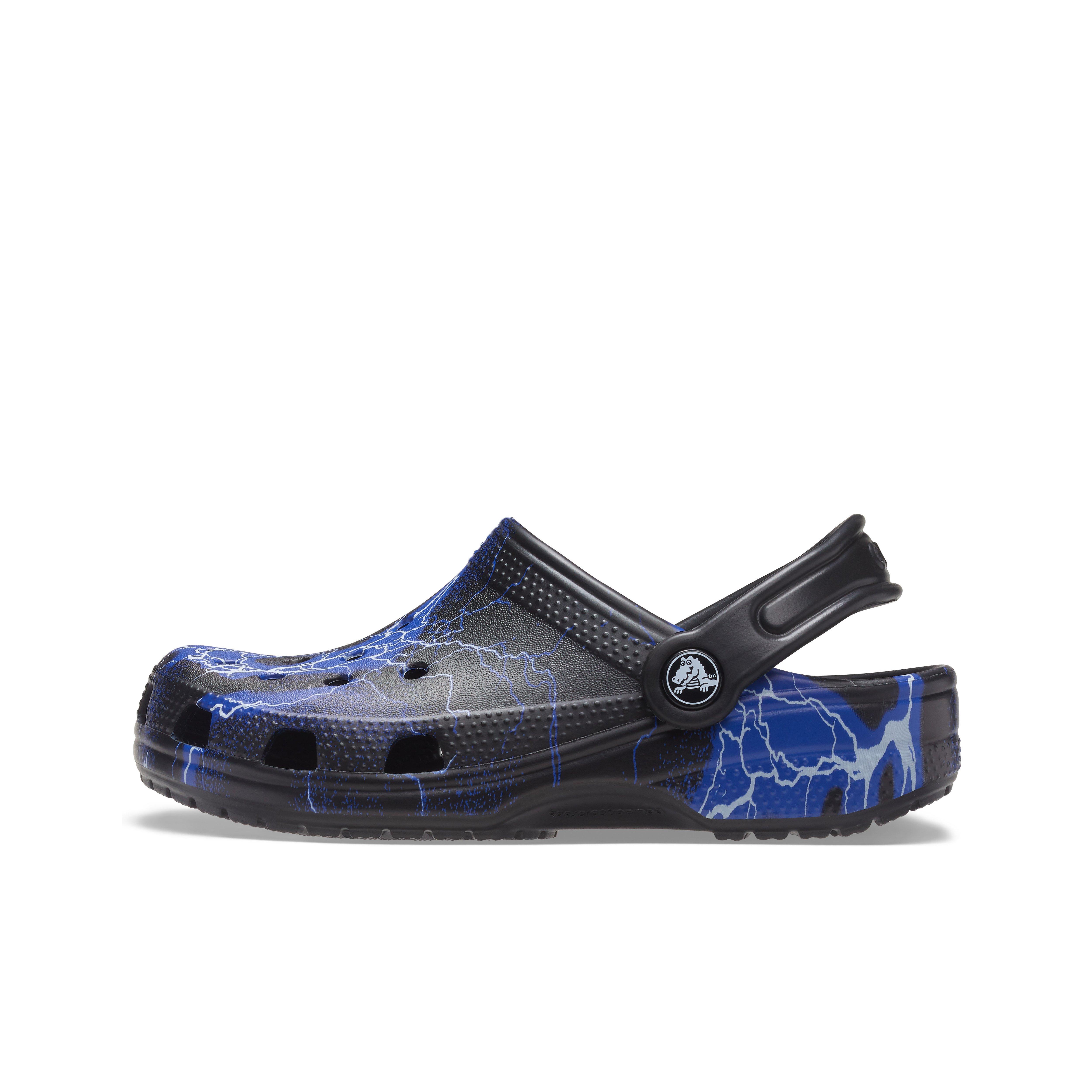 black and blue lightning crocs