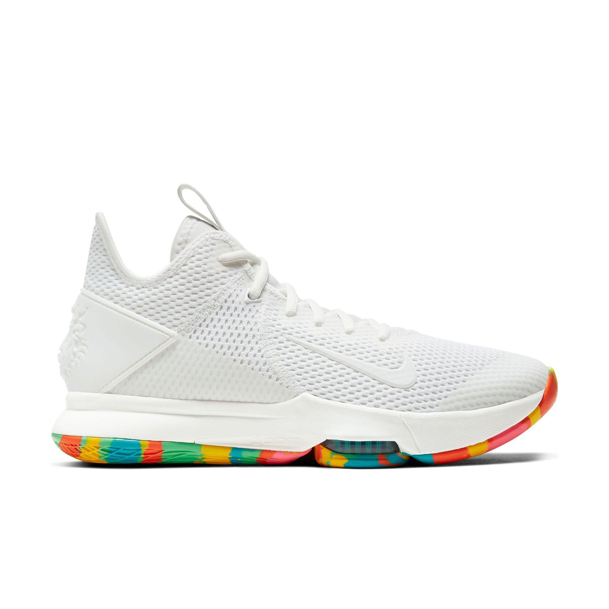 white nikes with rainbow bottom