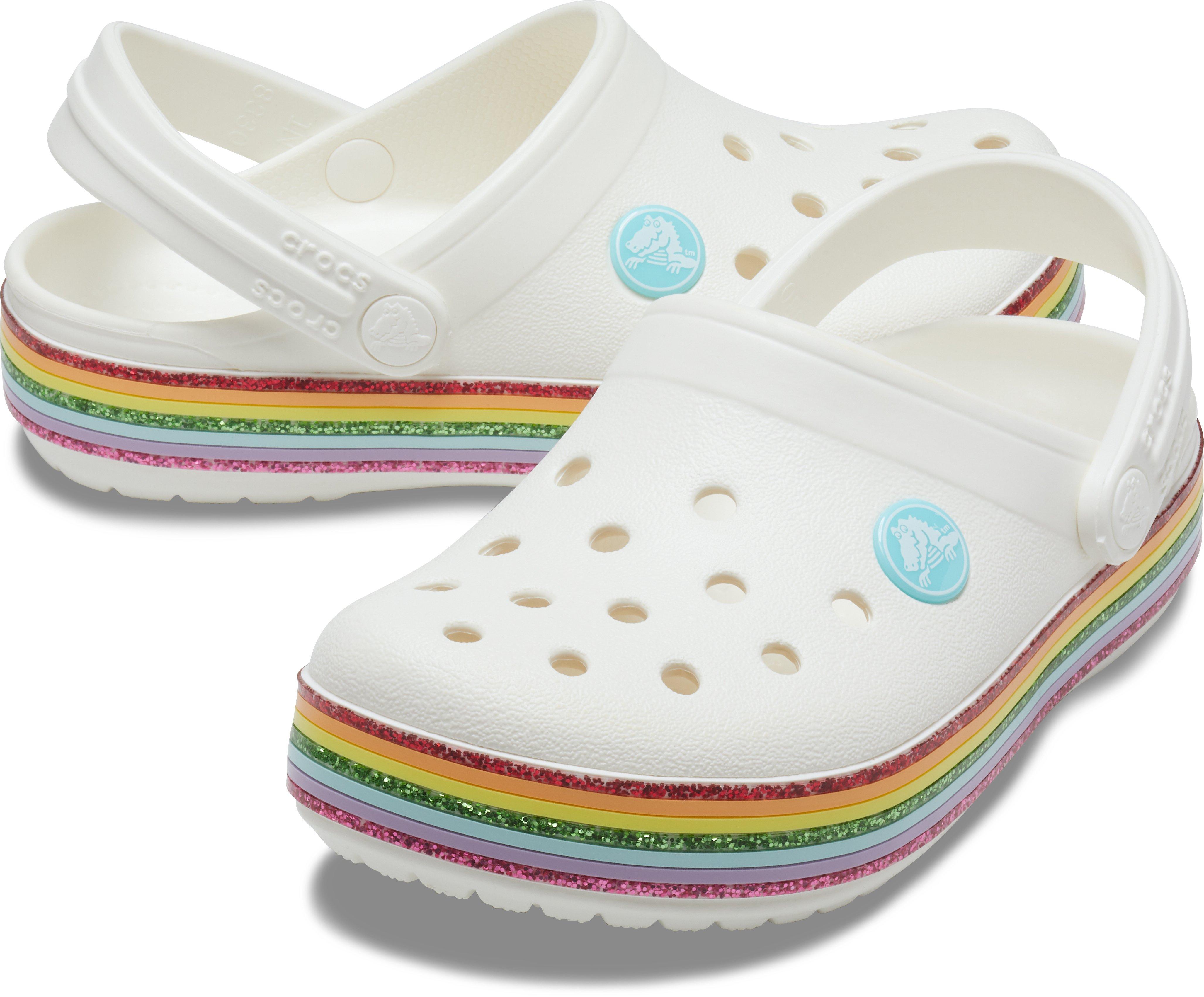 rainbow white crocs