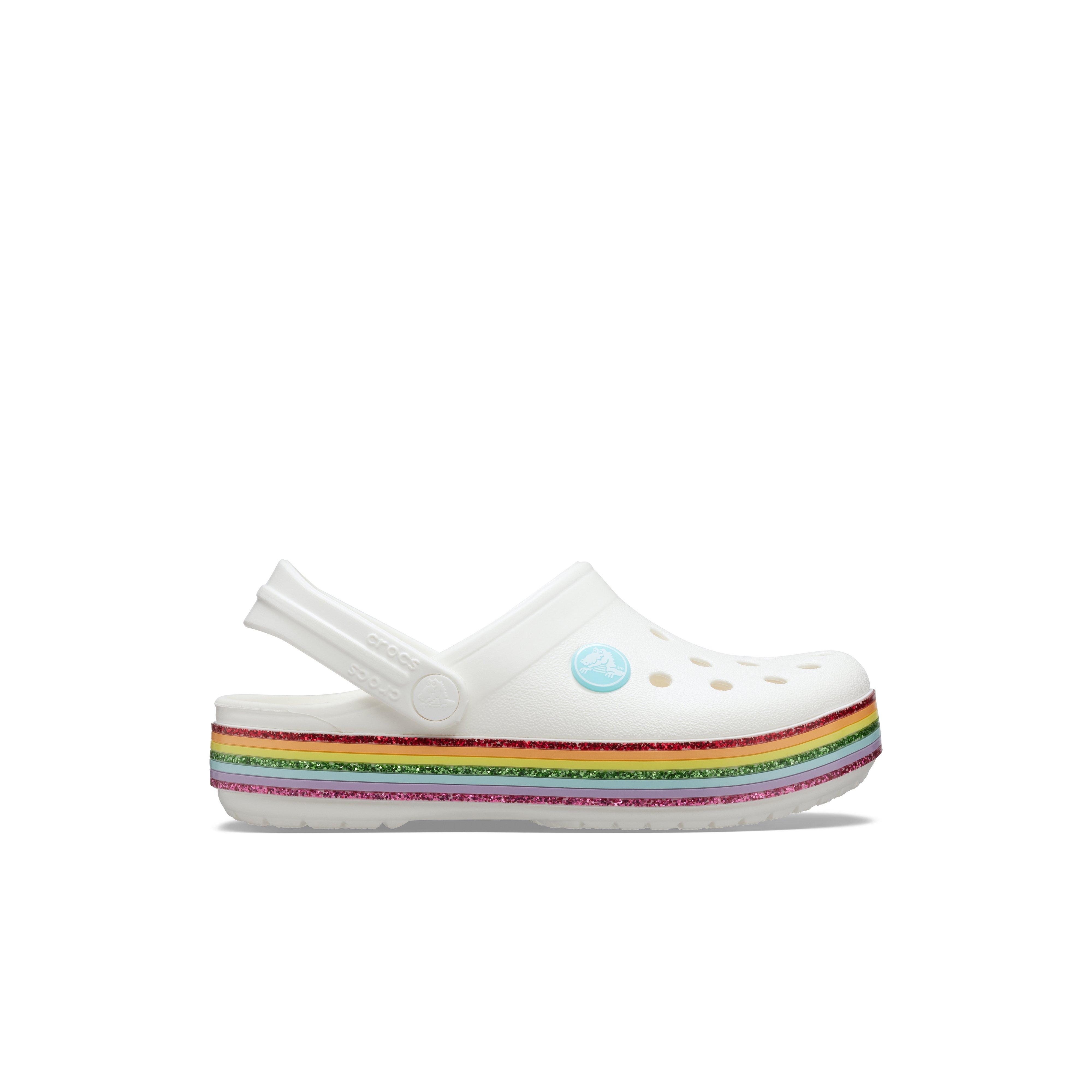 white crocs with rainbow