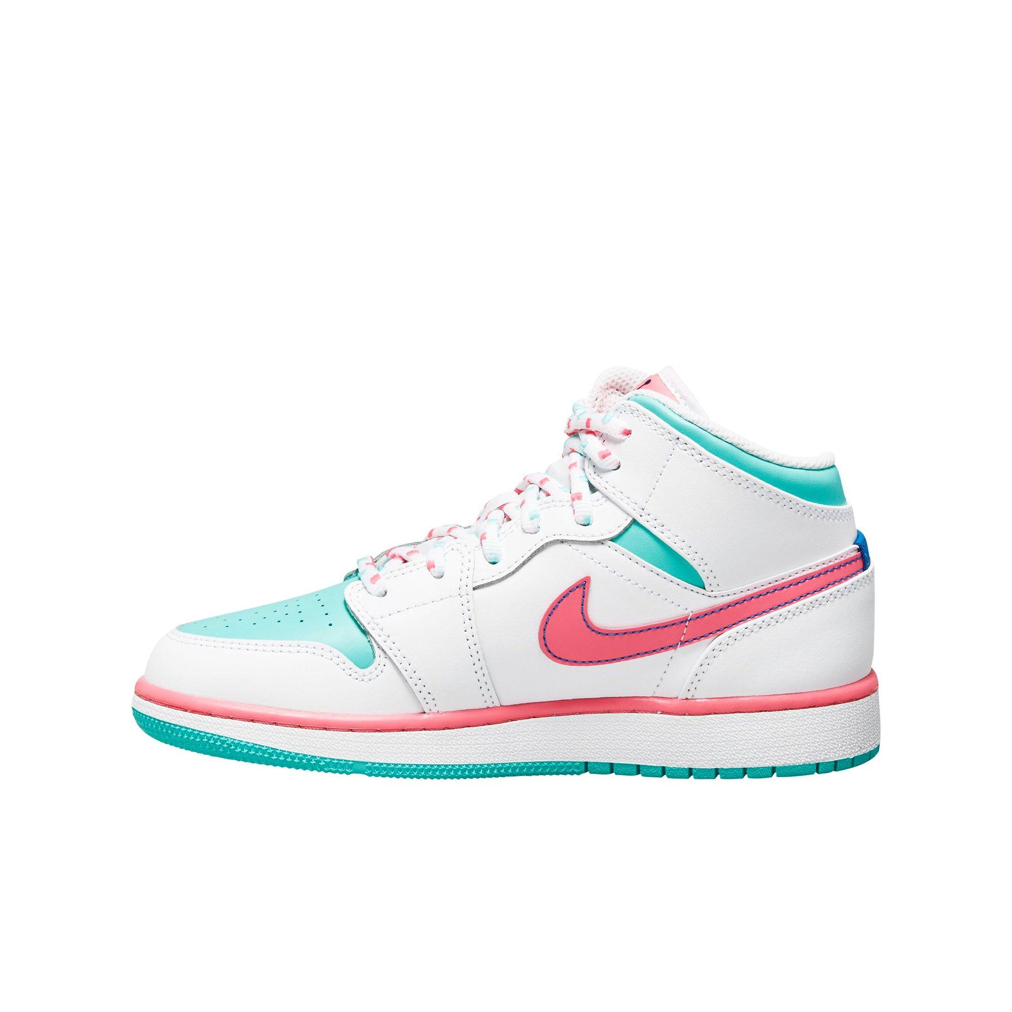 pink white and blue jordans