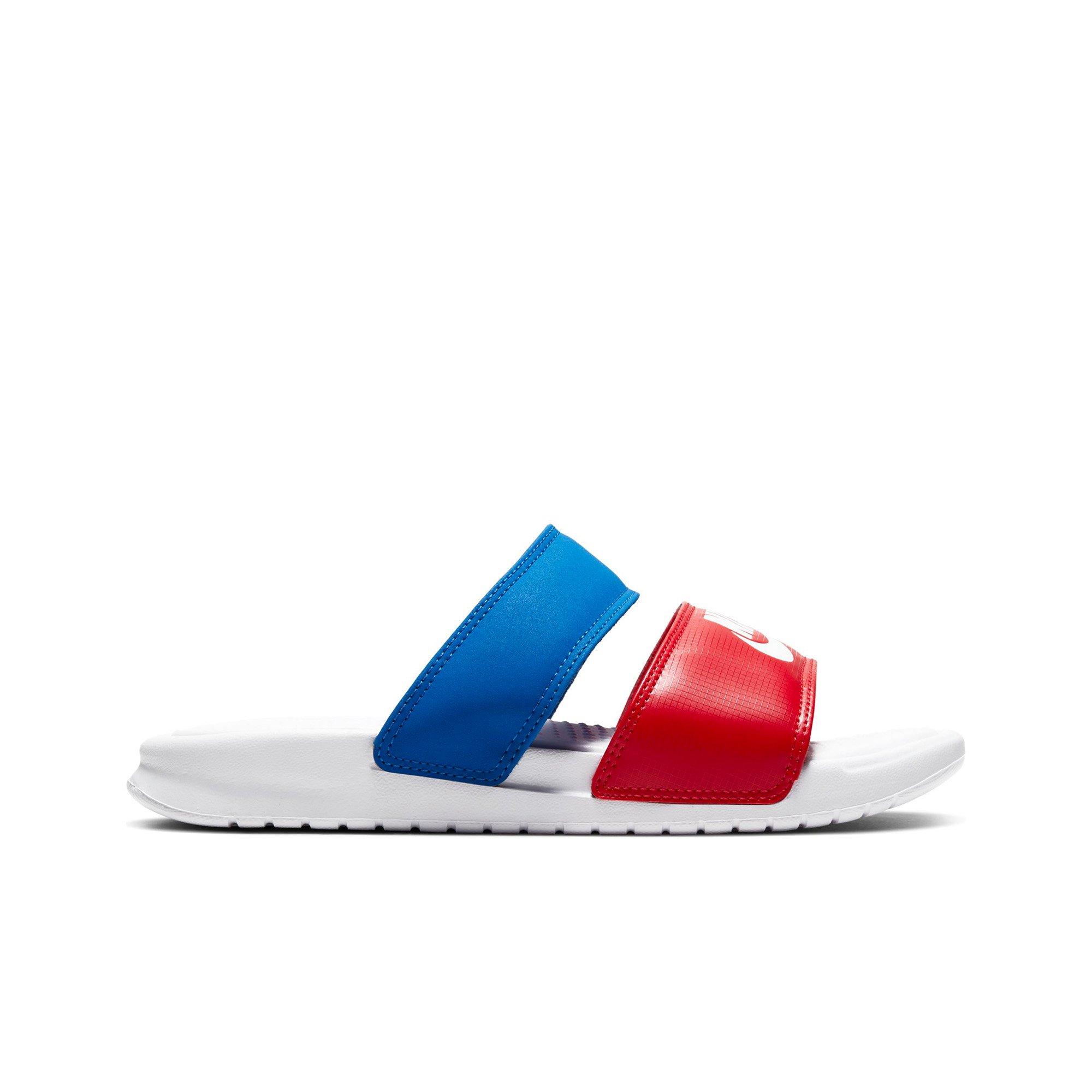 red and blue nike slides