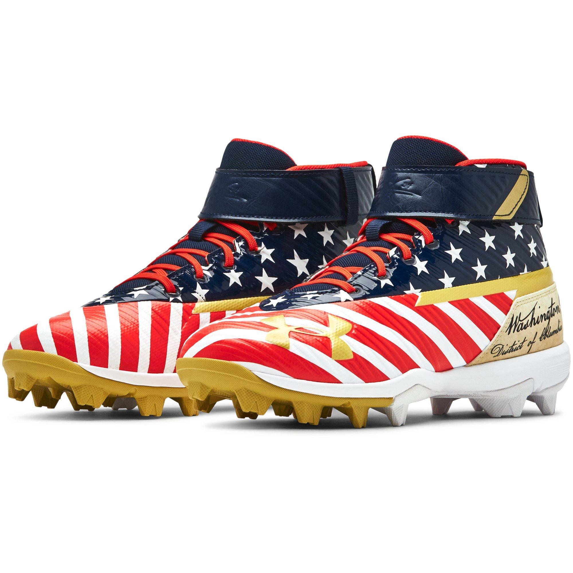 red white and blue baseball cleats