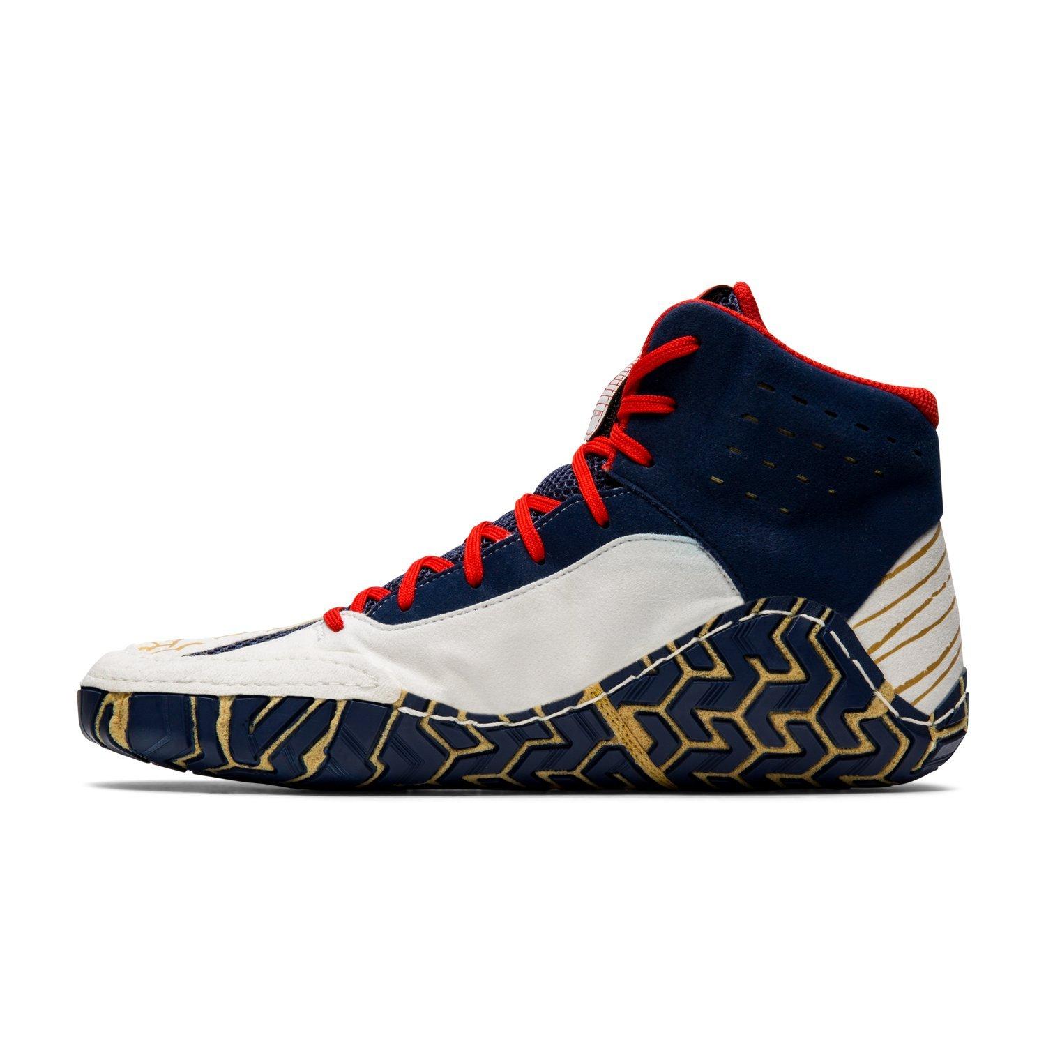 red white and blue asics wrestling shoes