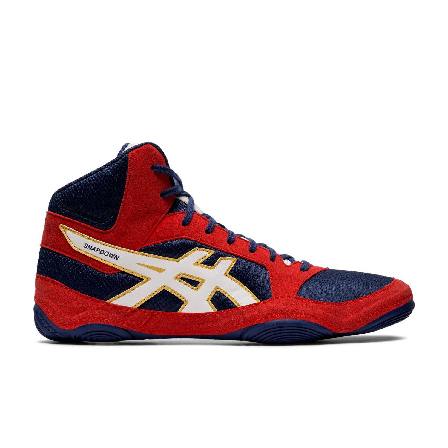 red and blue wrestling shoes