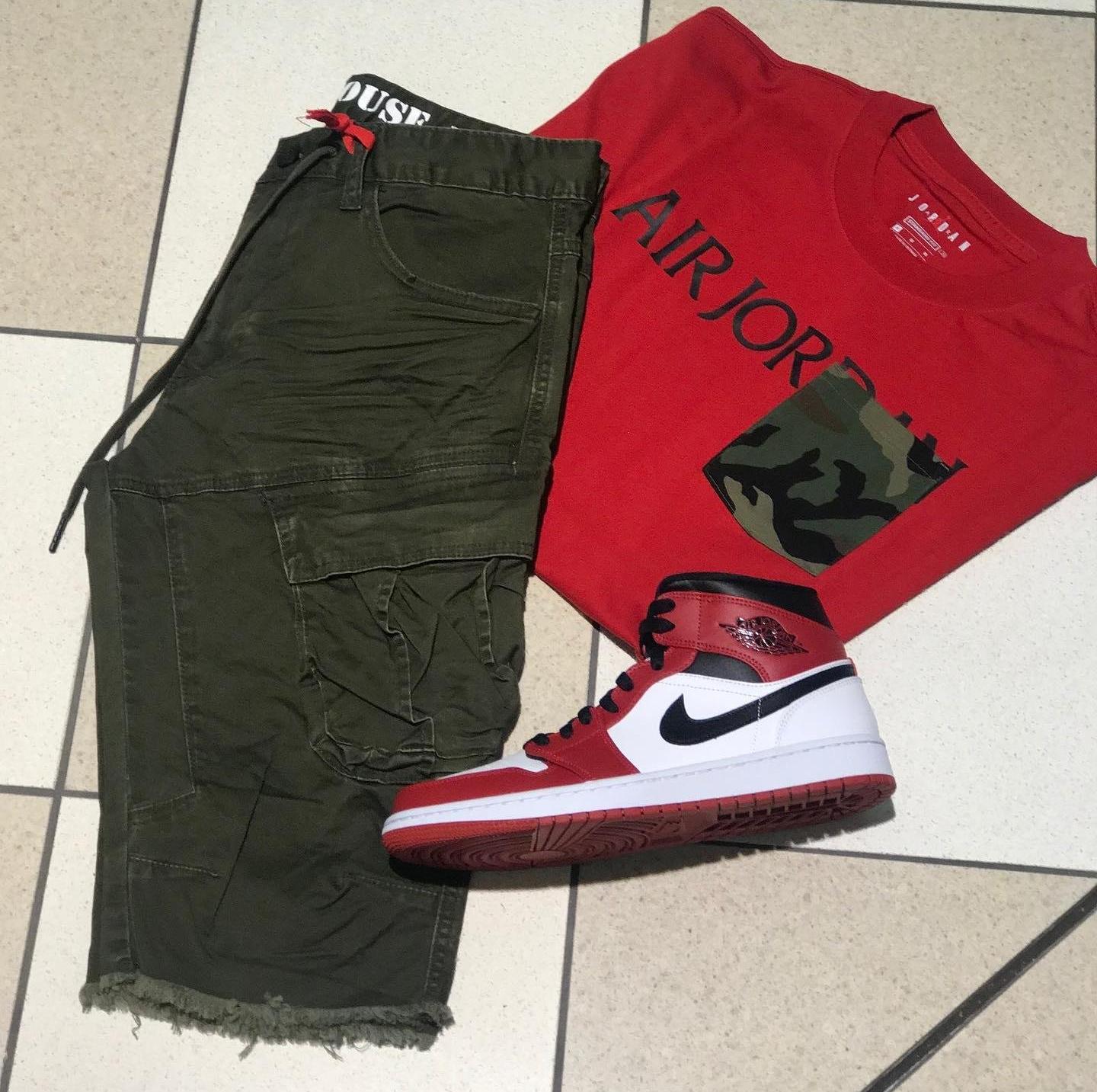 Jordan Men's Mashup Pocket Tee, Smoke Rise Men's Twill Cargo "Olive" Shorts, and Air Jordan 1's 