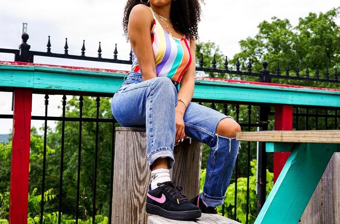 Summer in Color- Nike Sportswear Women's Printed Bodysuit and Nike Air Force 1 LV8 2 "Black/Magic Flamingo/Persian Violet" Grade School Kids' Shoe