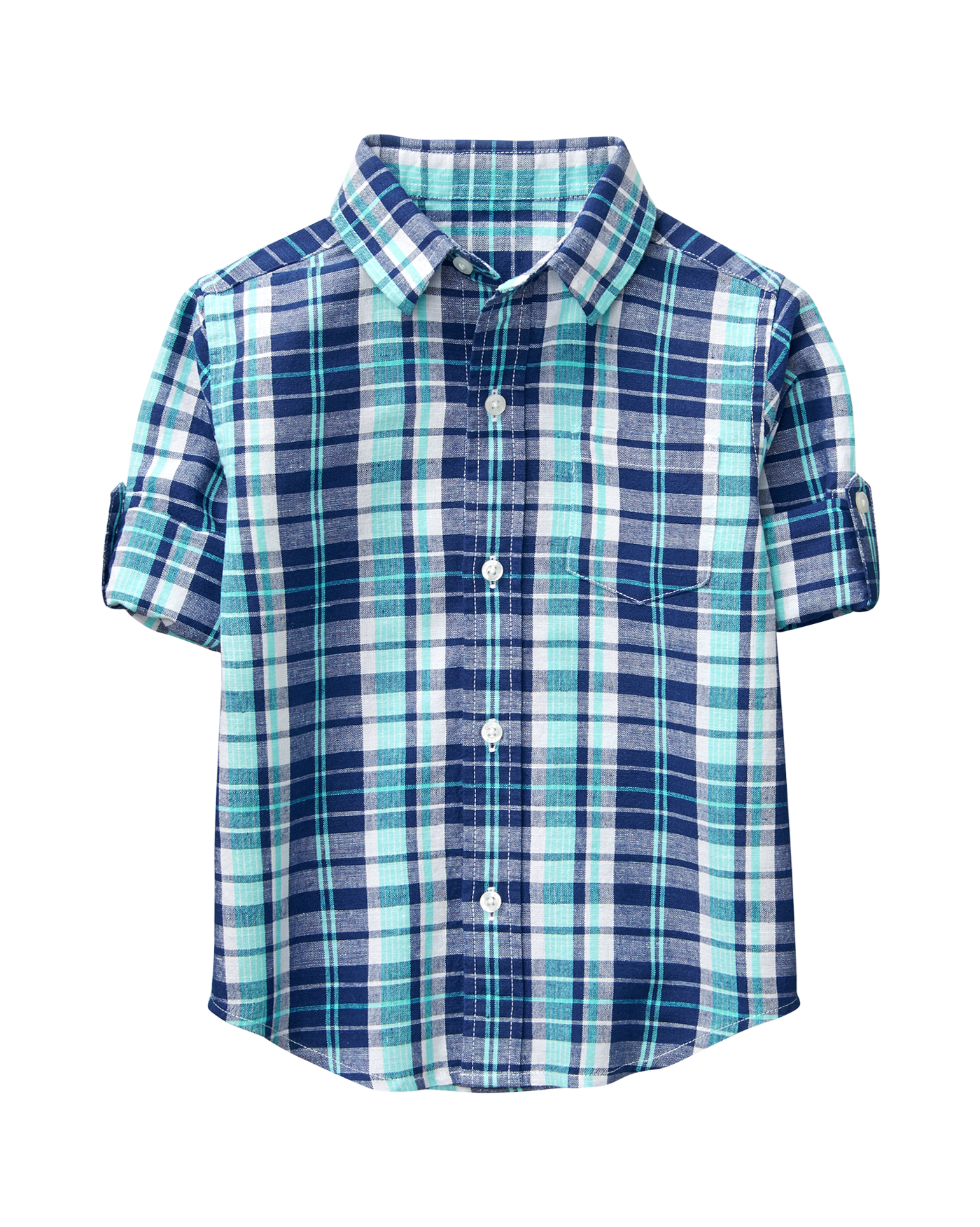 Plaid Linen Roll-Cuff Shirt 