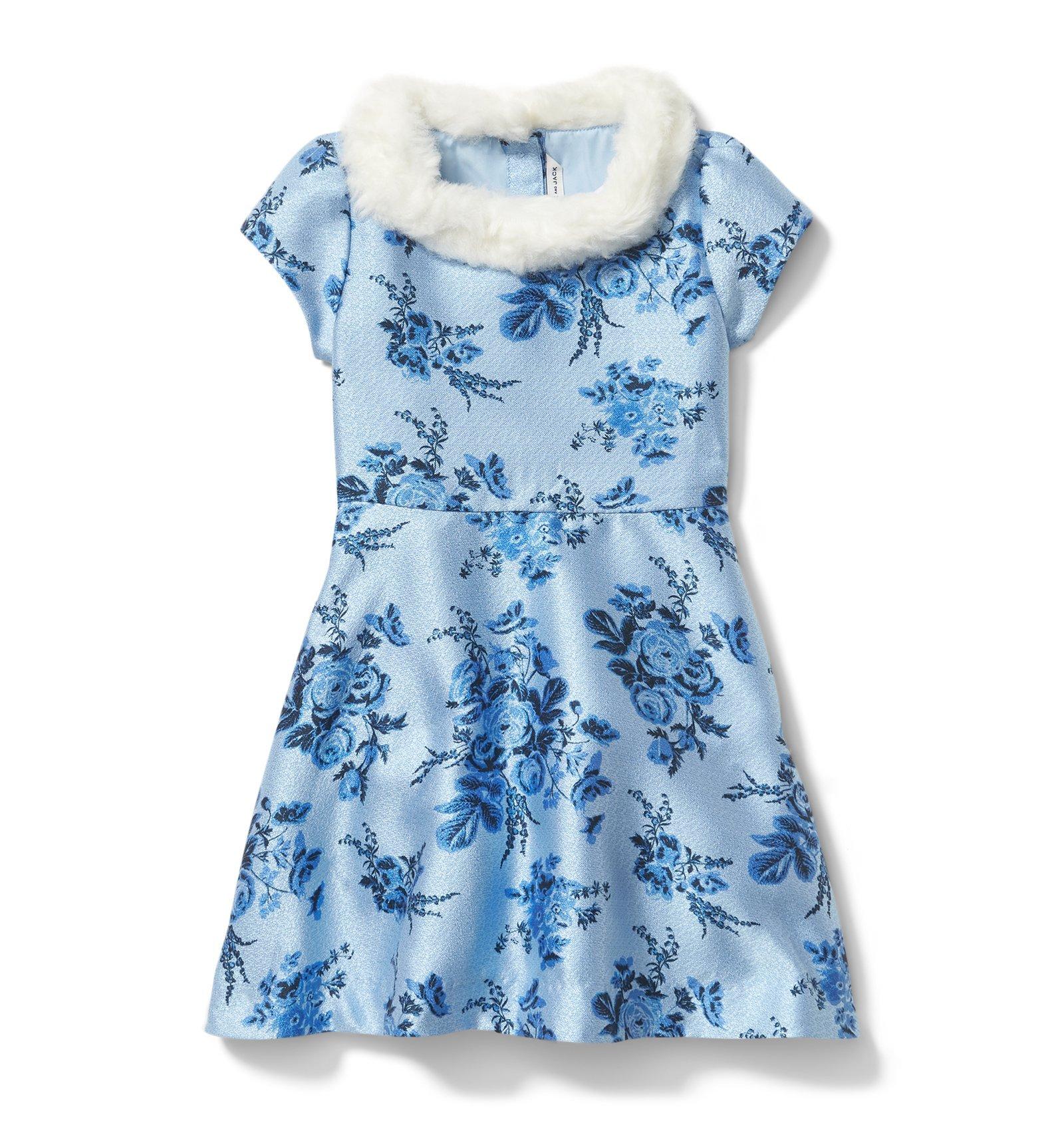 Glacier Blue Floral Floral Jacquard Faux Fur Collar Dress by Janie and Jack