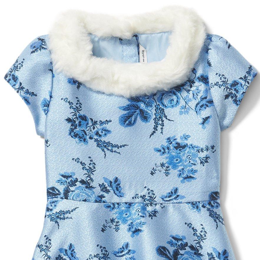 Girl Periwinkle Morning Quilted Faux Fur Trim Jacquard Dress by