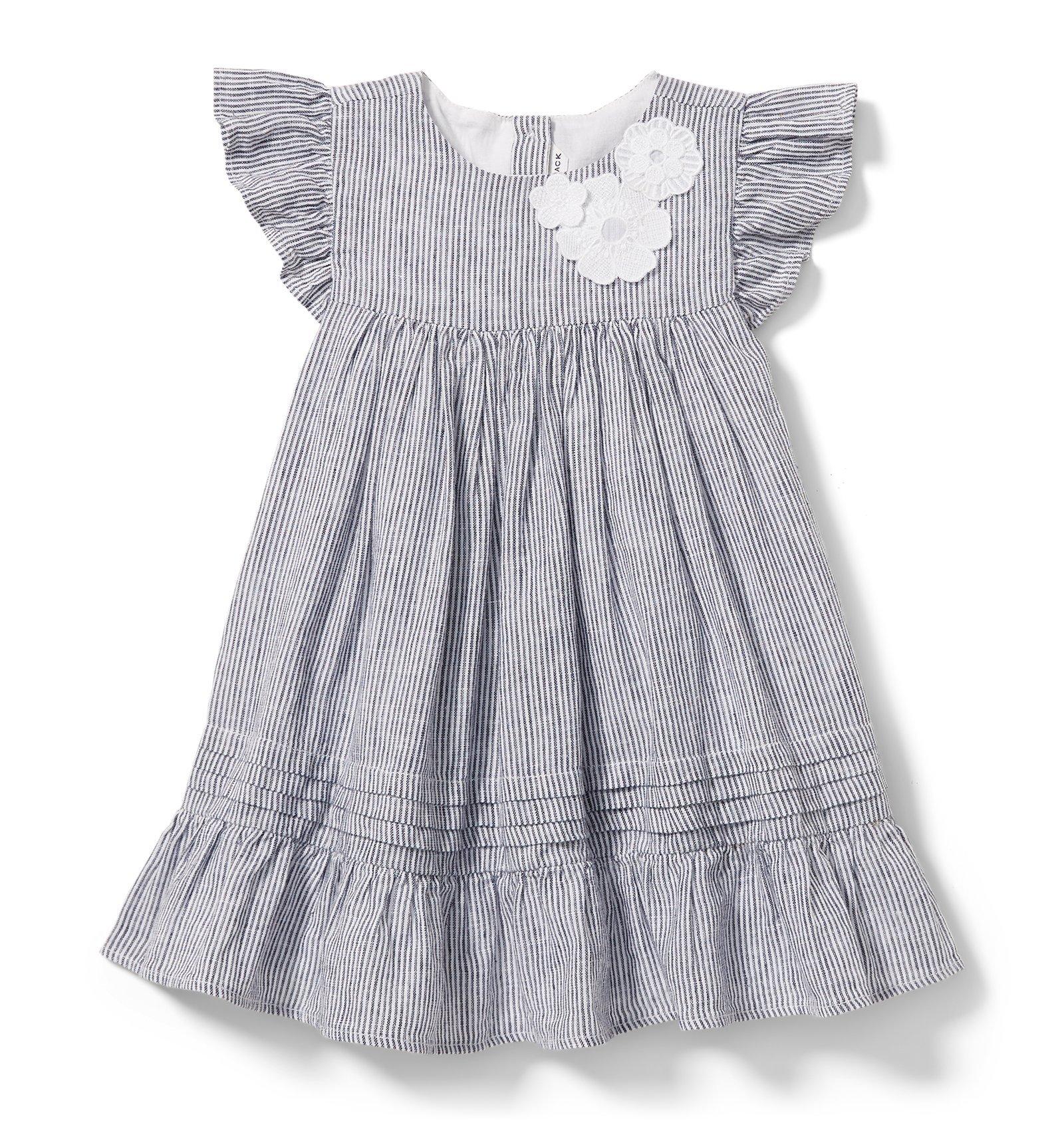 Linen Stripe Floral Applique Dress