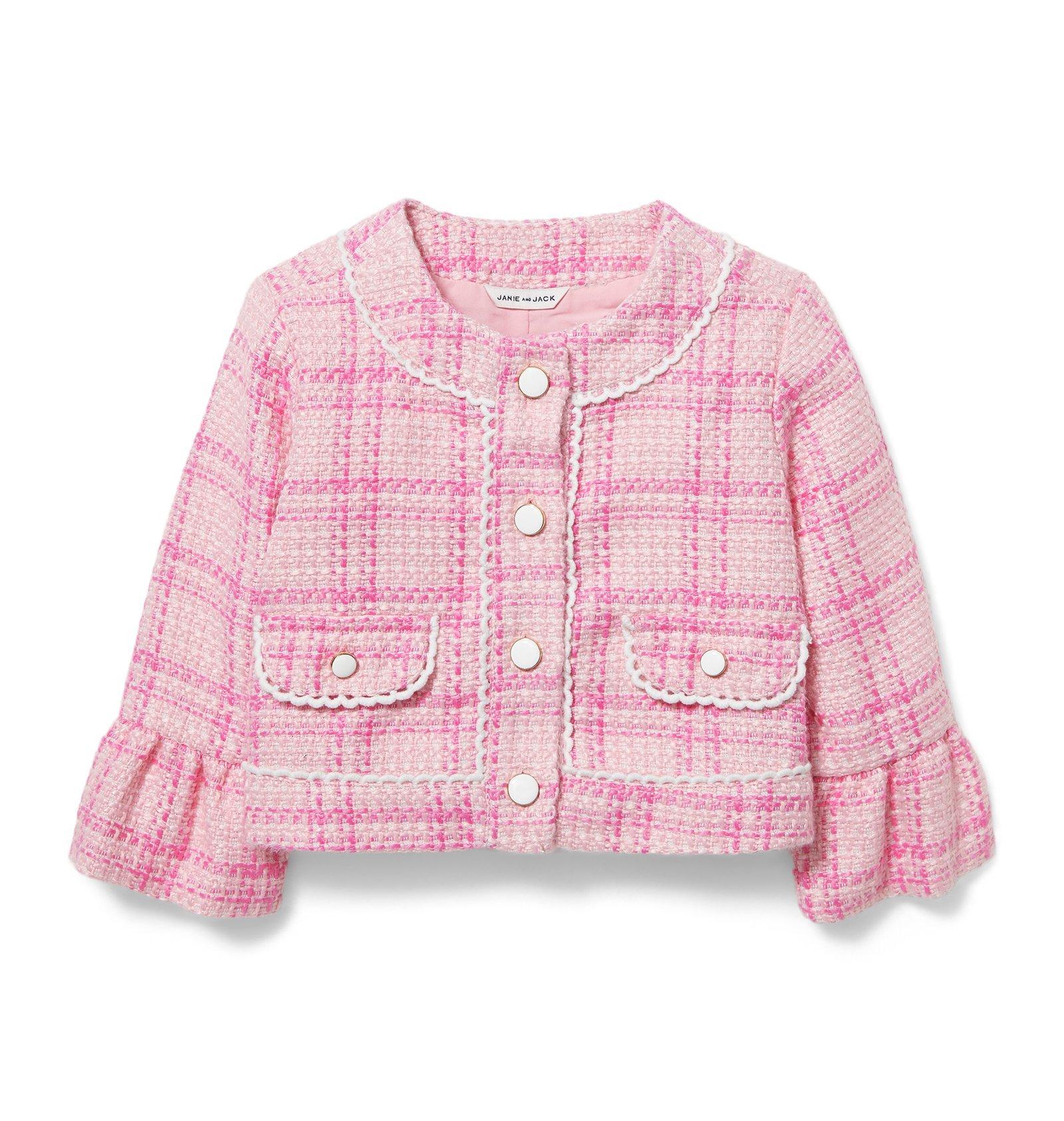 Two Piece Set Long Sleeve Pink Tweed Jacket Plaid Strap 