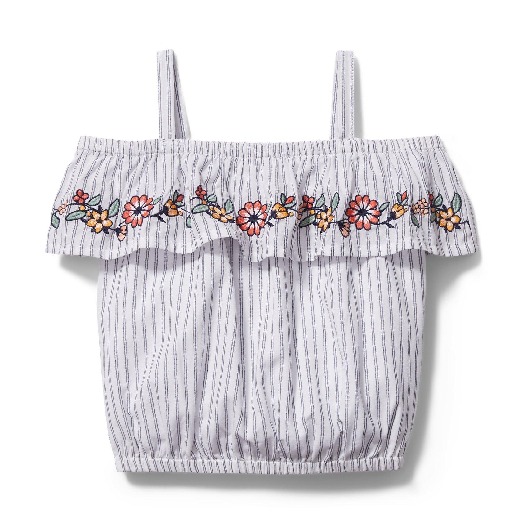 Striped Embroidered Cold Shoulder Top  image number 0