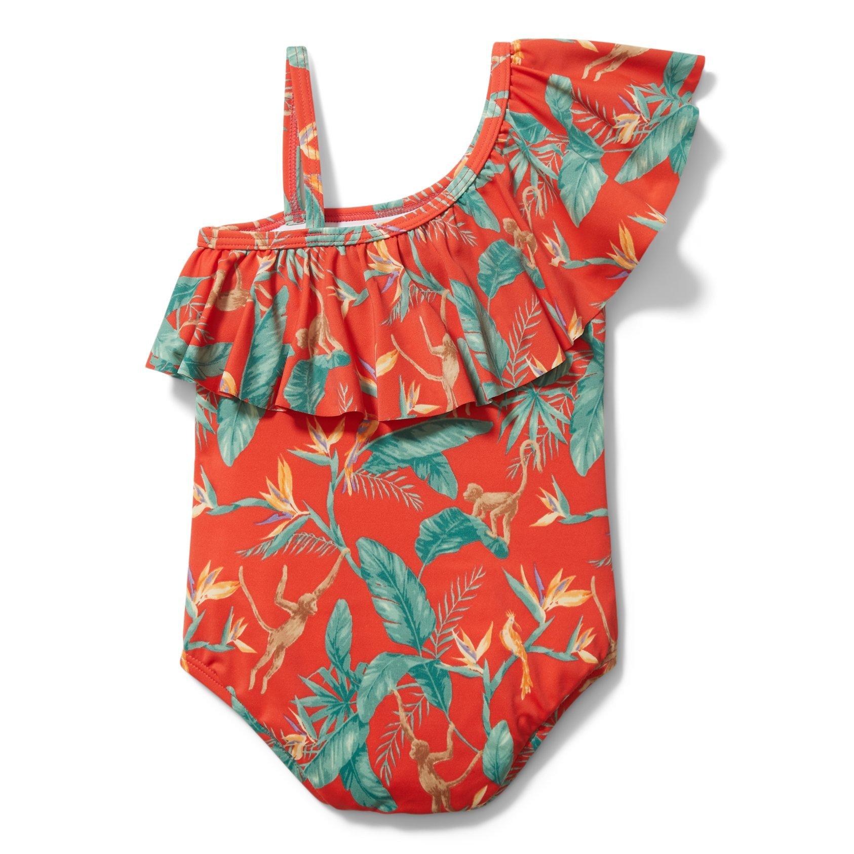 Girl Vibrant Poppy Tropical Print Tropical Ruffle Swimsuit By Janie And