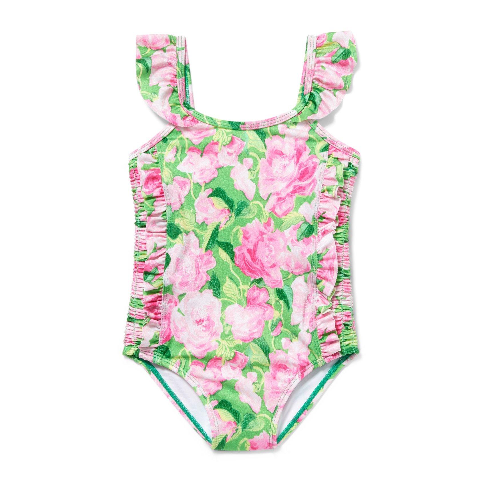 Girl Green Shrub Rose Print Rose Ruched Swimsuit by Janie and Jack