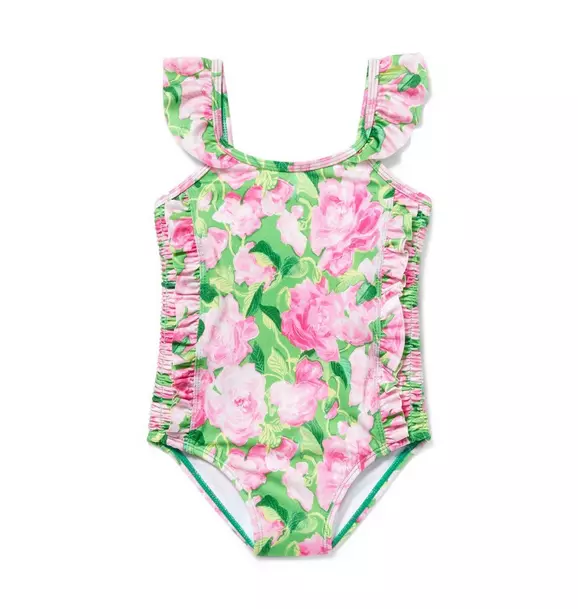 Girl Green Shrub Rose Print Rose Ruched Swimsuit by Janie and Jack