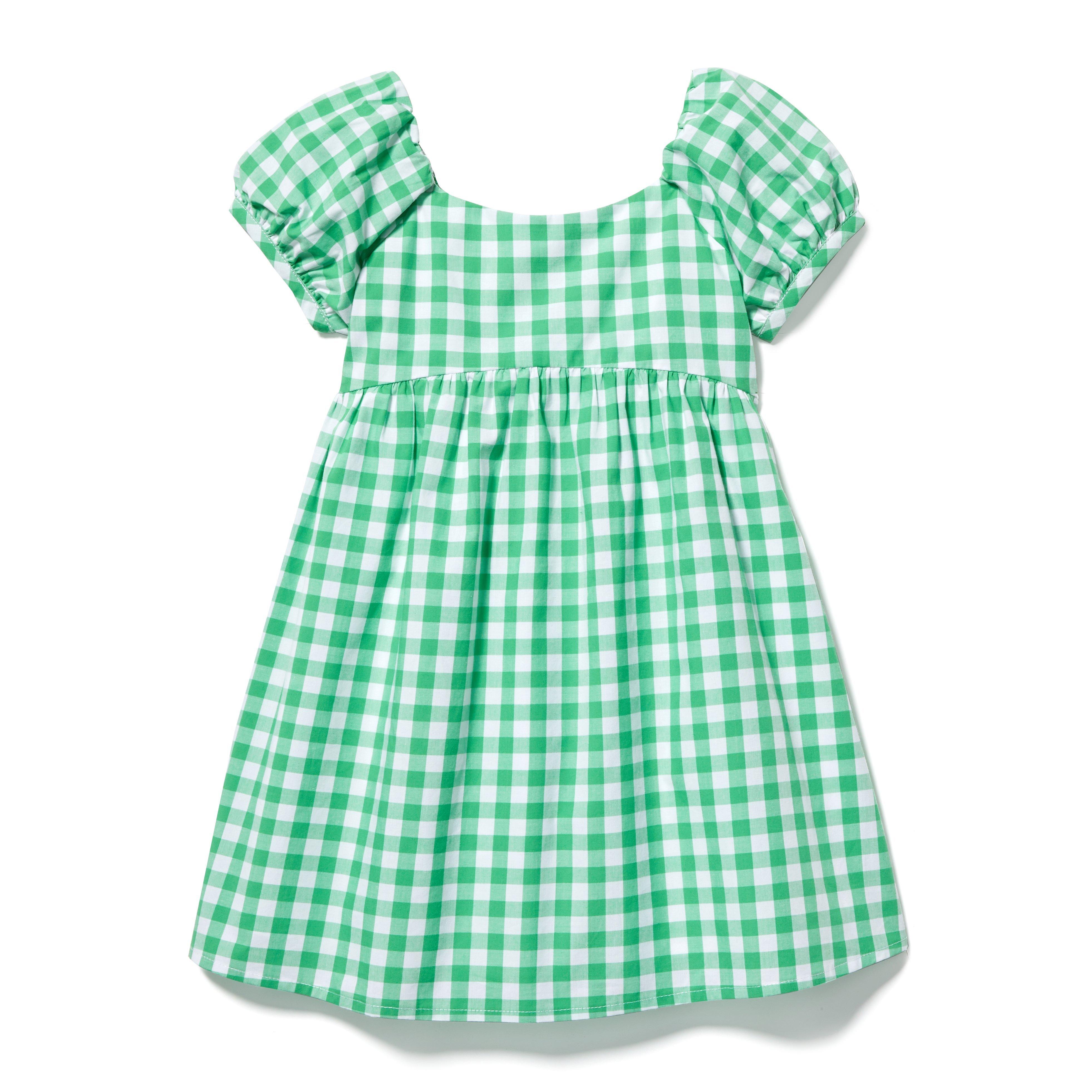 Girl Green Shrub Gingham Gingham Puff Sleeve Dress by Janie and Jack