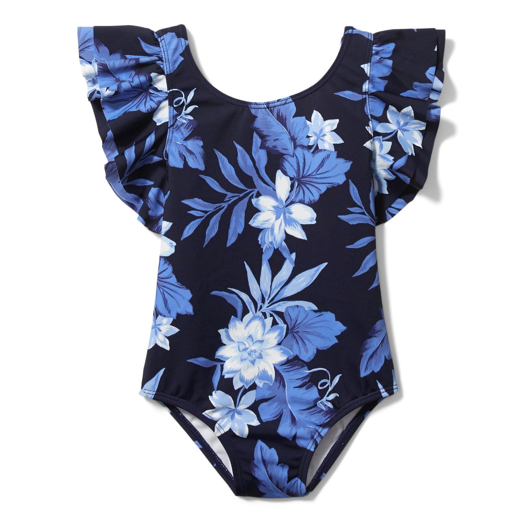 girl and boy matching swimsuits, blue and black floral ruffle sleeve one piece